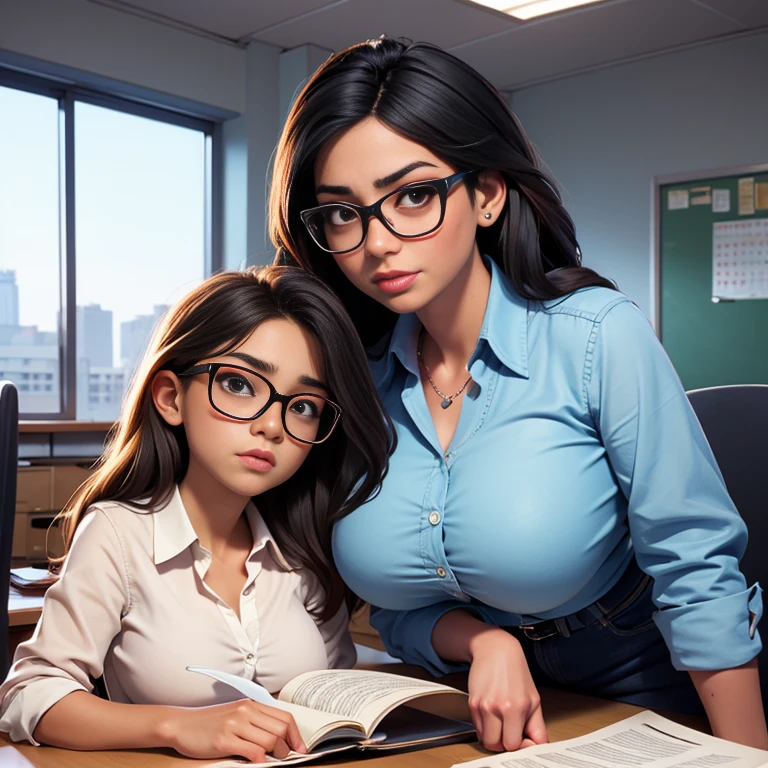 Beautiful latin Mother wearing glasses, big boobs and full lips; and her slim short  daughter, looking tired in a school office