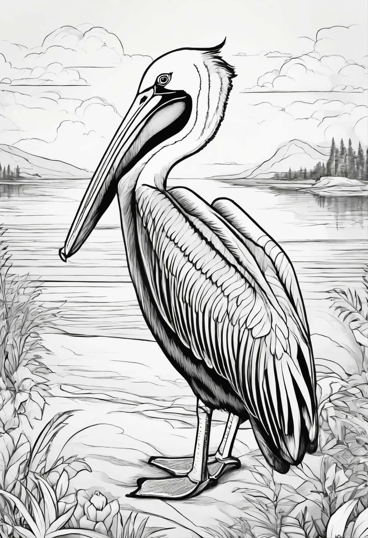 Generate black and white coloring pages of cute cartoon-style Pelican no color with low detail, no shading, no shadows, no background, and no borders.