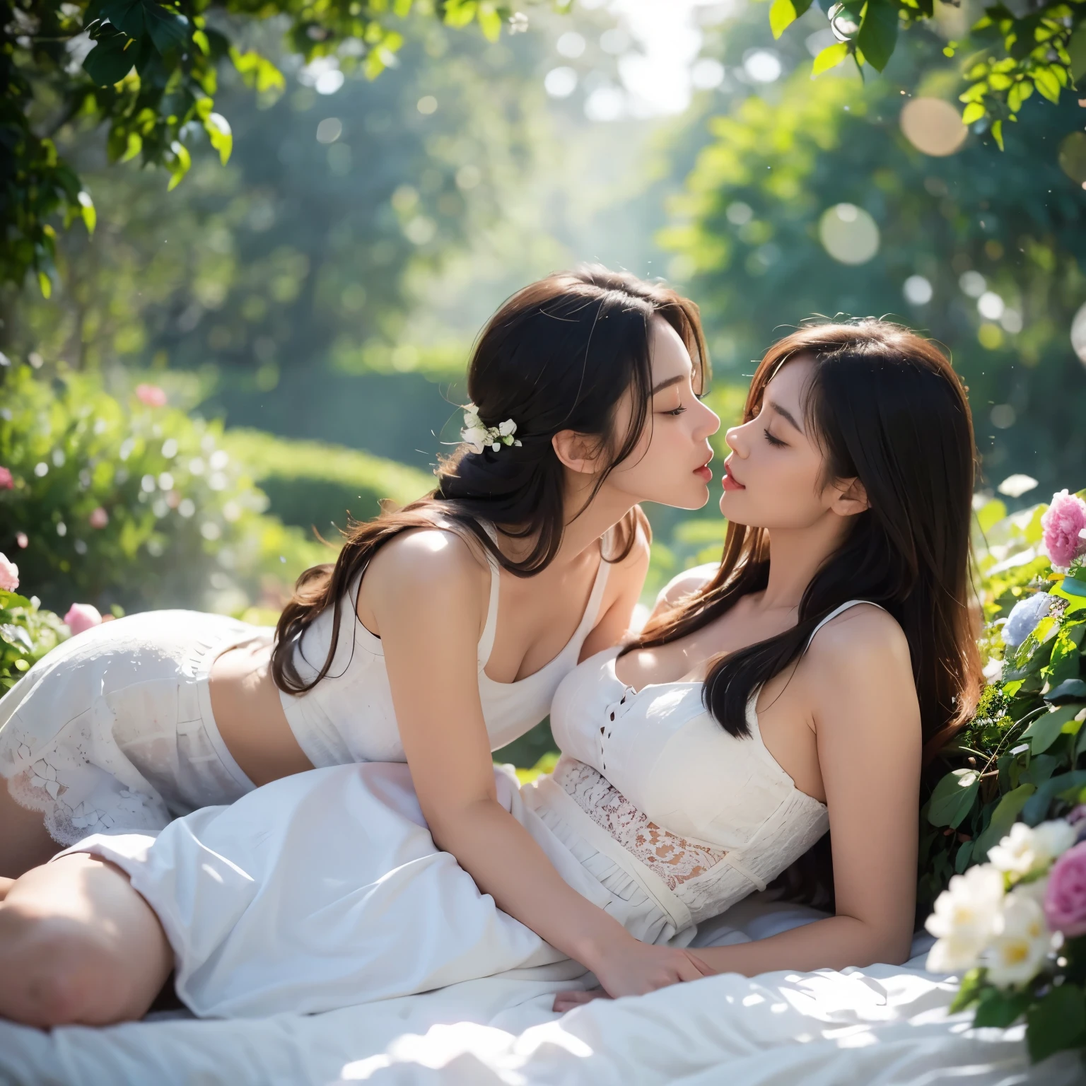 hyper realistic detail photo of young women laying and romance kissing on the flowers bed, mouth open, close eyes, sitting on top of each other, They hugged their waists, they sat on top of each other, Thin white clothes, jungle, full color of flowers, soft light, ((deep focus)), ((bokeh)), soft focus, The sun is shining through the leaves, fog,