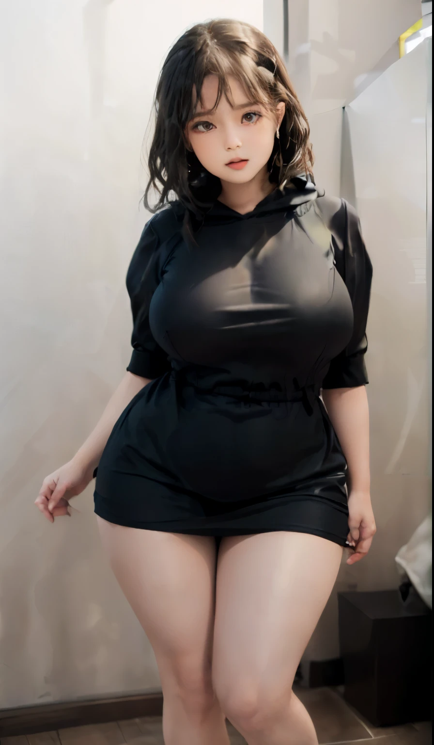 araffe woman in a black dress and a hoodie posing for a picture, thicc, sexy dress, wearing a tight black dress, thick body, curvy model, curvy hourglass figure, voluptuous body, tight attire, she is wearing a black dress, she has a jiggly fat round belly, curvy body, curvy figure, beautiful thick female