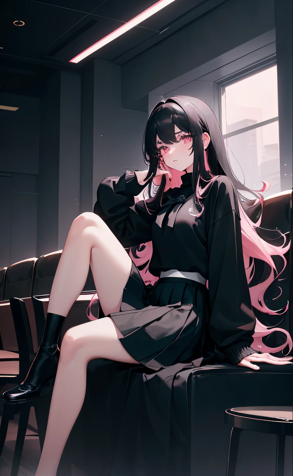 (8k, best quality, masterpiece),girl，Bangs，black tie，long black hair，wavy_hairs，Black Sweater，skirt，pink eyes，Corner，Sky，sitting，looking at the audience，Future world loneliness