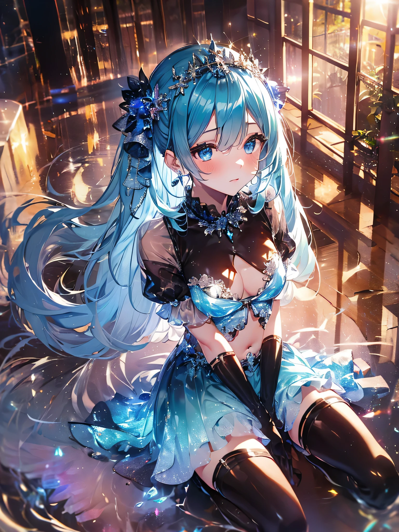 最high quality,table top,1 girl,hatsune miku, Bright green eyes like jewels, double ponytail,bun hair, magical ***********, Princess, adventurous girl, Are you okay, Condescending expressions、nymphomaniac, high heel boots, gloves, zettai ryouiki, earrings, natural otaku, crown, moonlight,under the moon,At night,full body shot、masterpiece, high quality, High resolution, alone、(masterpiece:1.6、最high quality), (Are you okay and beautiful eyes:1.2), 1 girl, room、perfect hands、blush、troubled face、crossed legs,look up(masterpiece:1.6、最high quality), (Are you okay and beautiful eyes:1.2), 1 girl, Report, underwear、Short T-shirt that shows your belly button、light blue skirt、perfect hands,((Peeking out from directly below))、(((shoot from below)))、turn your arms behind your back、sit on a chair、be quiet, From above,（(spread your legs wide)） Both thighs are thick, shaggy,