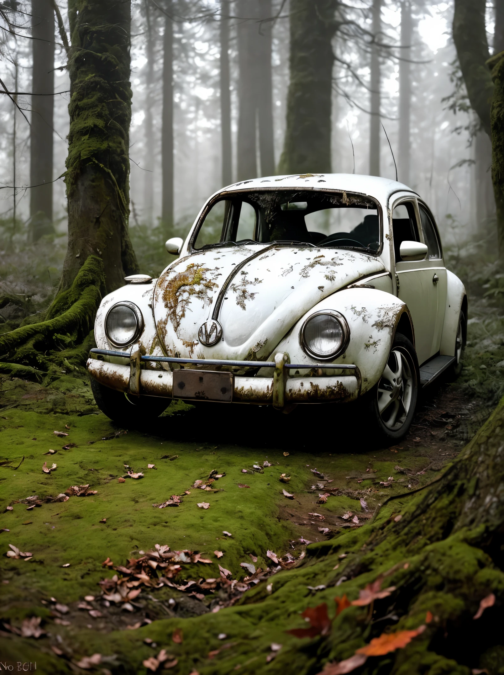 A haunting image of a decaying white VW beetle, its partially decayed remains covered in moss and lichen. The large, twisted, leaf-shaped structures beneath the insect resemble twisted rope, and the surrounding forest is bathed in a warm, golden light. The sun casts a warm glow on the scene, illuminating the decaying leaves, highlighting the vivid color and texture of the decaying wood. fast shutter speed, wide aperture, low light