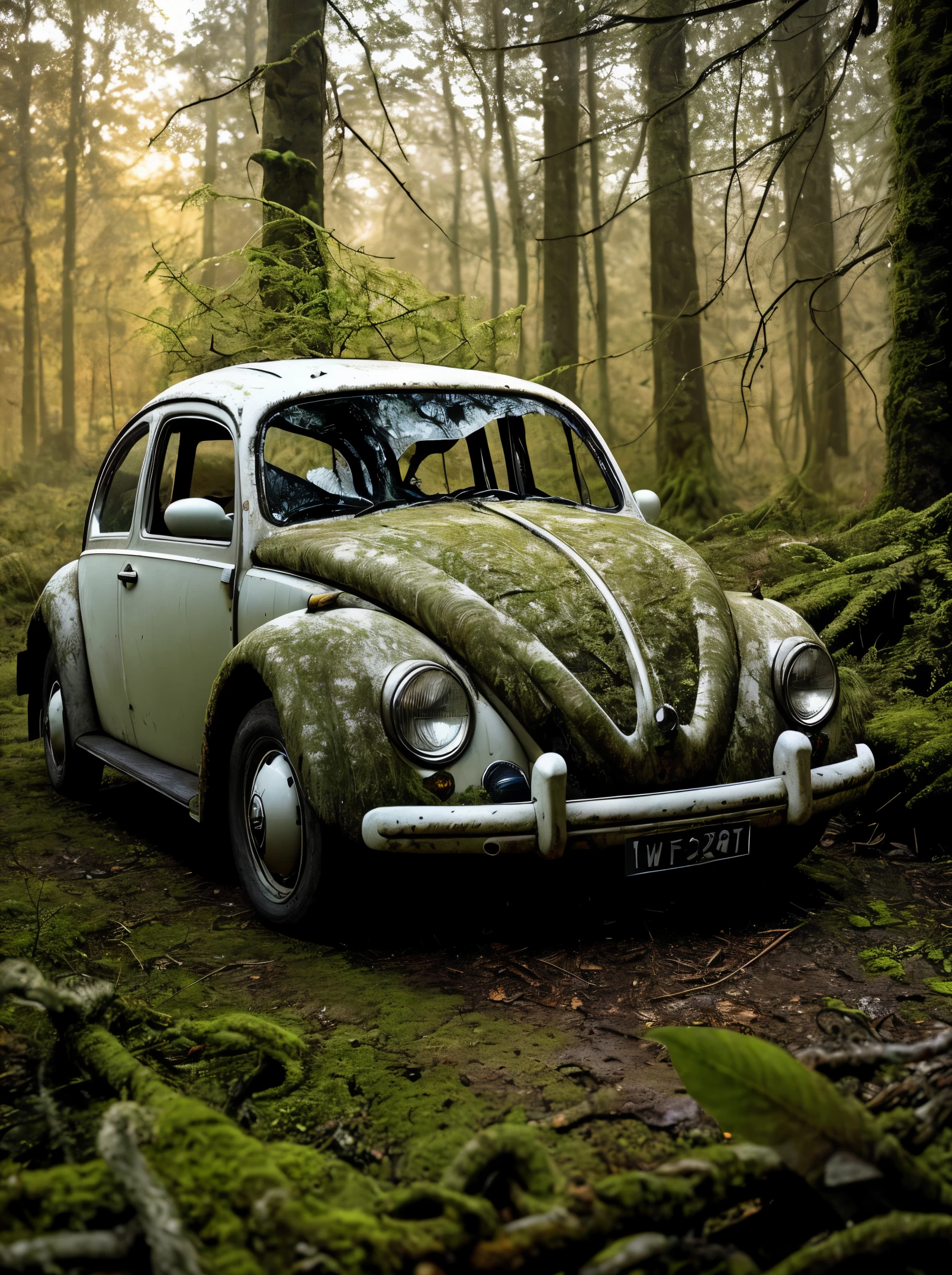 A haunting image of a decaying white VW beetle, its partially decayed remains covered in moss and lichen. The large, twisted, leaf-shaped structures beneath the insect resemble twisted rope, and the surrounding forest is bathed in a warm, golden light. The sun casts a warm glow on the scene, illuminating the decaying leaves, highlighting the vivid color and texture of the decaying wood. fast shutter speed, wide aperture, low light