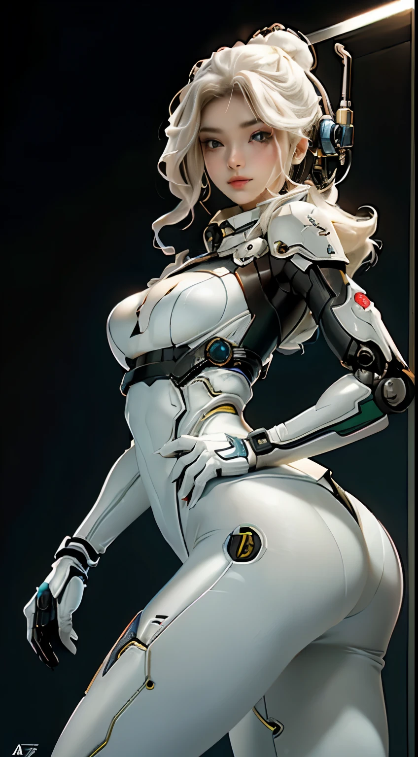 rosto humano extremamente fofo de  de dezoito anos, torso humano, peitos enormes humanos, abdome humano, quadris humanos, robot arms, mechanic legs, arms and legs with hard white shiny shell and black joints, muito bonita e feminina, curto, pequeno, Pequeno, Pequeno, busty buttocks, medium bust, cleavage showing, flat belly display, capacete parcial com antena na orelha, black robot joints, Muito elegante, Design de produto premiado, black rubber tights, The shiny white metal breastplate opens at the cleavage and abdomen, the white metal buttocks are wrinkled, e a armadura tem estilo, glowing trims
