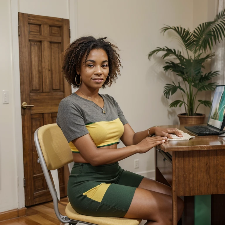 A Brazilian mulatto is a person with rich ethnic heritage, often exhibiting a combination of African and European ancestry, with a range of skin tones and a vibrant culture that celebrates Brazil's racial and ethnic diversity, wearing clothes in the colors of the African savannah. gray and green elephant sitting behind a desk like a chair and hands clasped. sitting on a straight chair facing the same photo