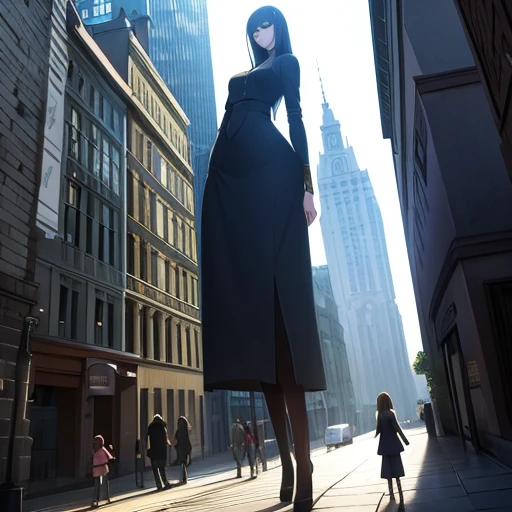 araffes a woman walking down a street with a group of children, she is tall, massive legs towering over you, giantess art, tall girl, giantess, giant legs, highly detailed giantess shot, very tall, detailed legs towering over you, long legs, very very very tall, very tall and slender, long thin legs, height realistic details