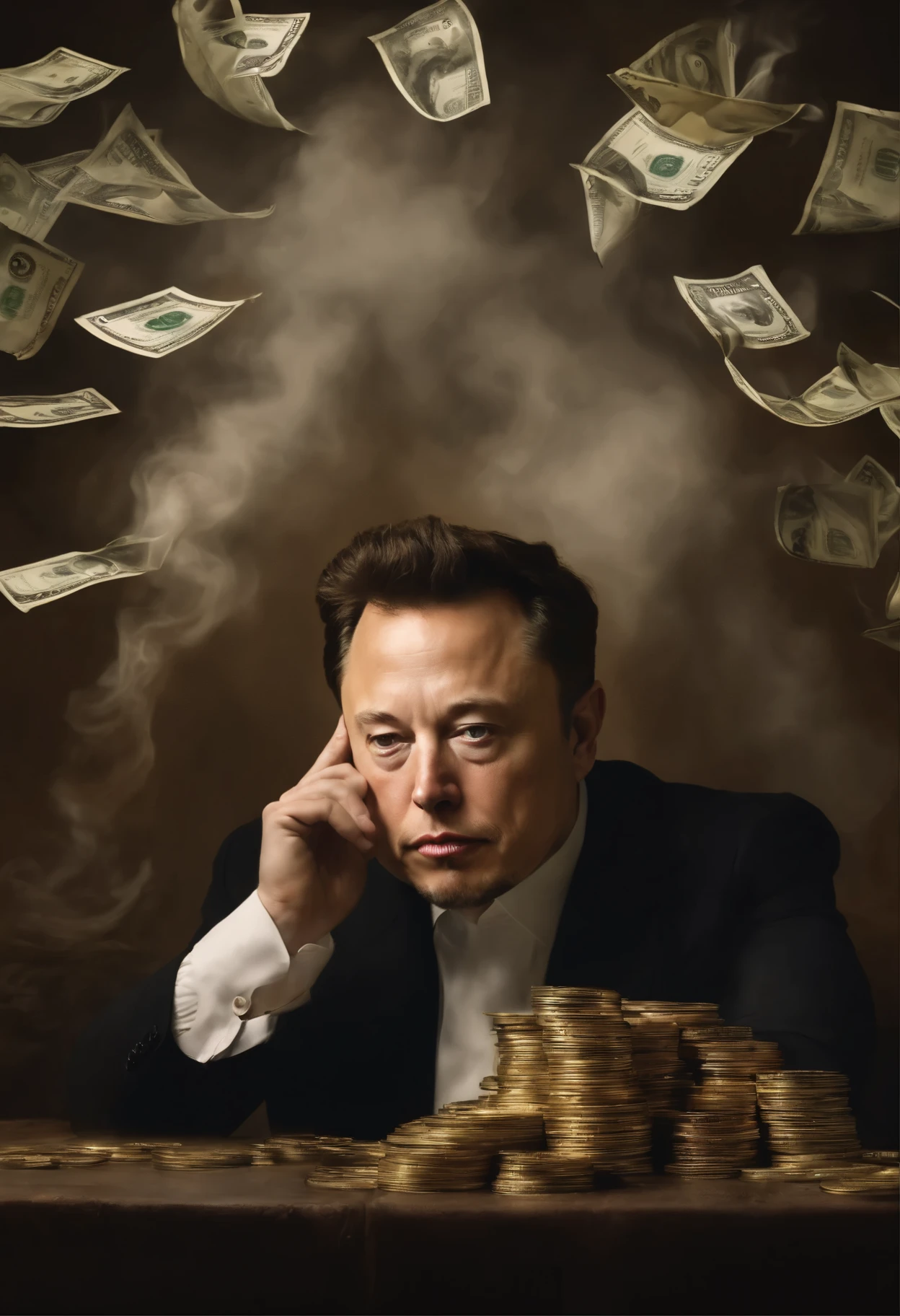 Elon Musk lutando por dinheiro, oil painting, Pinceladas duras, dramatic lighting, intense expression, olhos determinados, segurar punhos, suor escorrendo pelo rosto, terno enrugado, Correntes quebradas, Crumbling dollar bills, Chart of the crumbling stock market, Smoke rises in the background, preto e branco com um toque de ouro, realismo. (melhor qualidade, high resolution, ultra-detalhado), (realista:1.37), profissional, cores vivas.