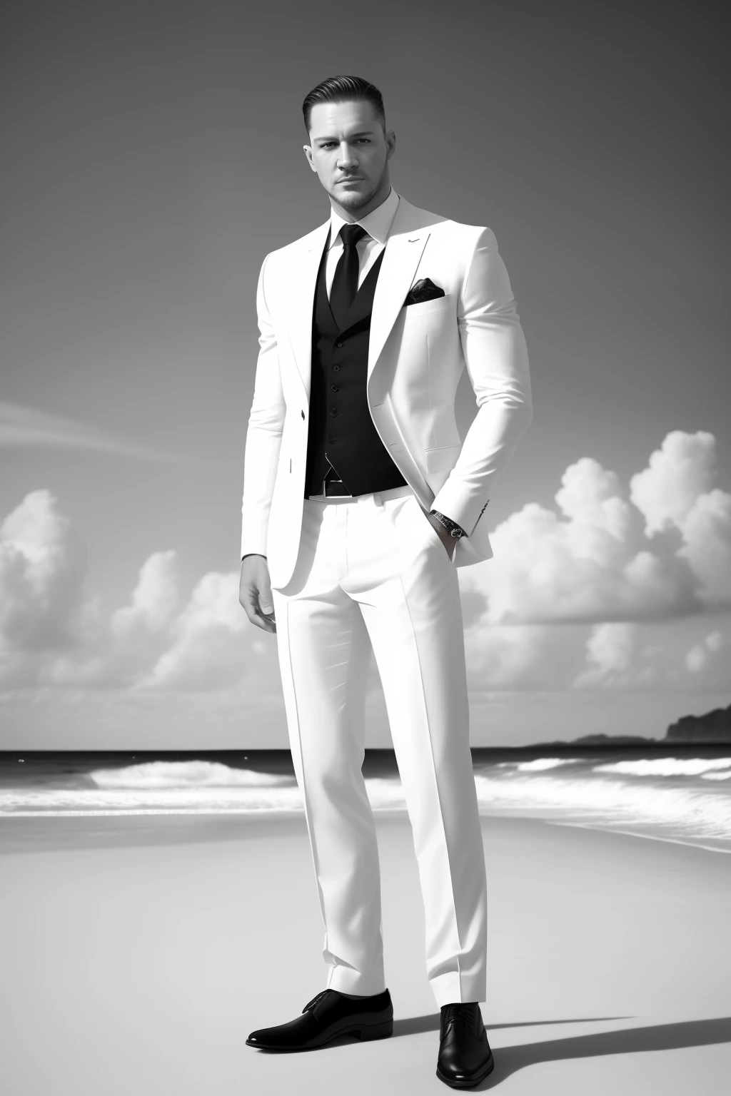 A young, charismatic businessman stands confidently on the sandy beach, dressed in luxurious white clothes. With a focused expression on his face, he delicately paints a portrait on a canvas, showcasing his artistic talents. His features resemble that of the renowned actor, Tom Hardy, adding a touch of familiarity and intrigue to the scene. The photograph captures every intricate detail with super realistic precision, making it appear as though it's in ultra HD quality. The monochrome palette enhances the dramatic effect, transforming it into a timeless black and white still. This digital art piece has garnered attention and admiration, trending on ArtStation for its beautiful and intricate details. The octane render used brings an insane level of detail to the artwork, captivating viewers with its 8k artistic