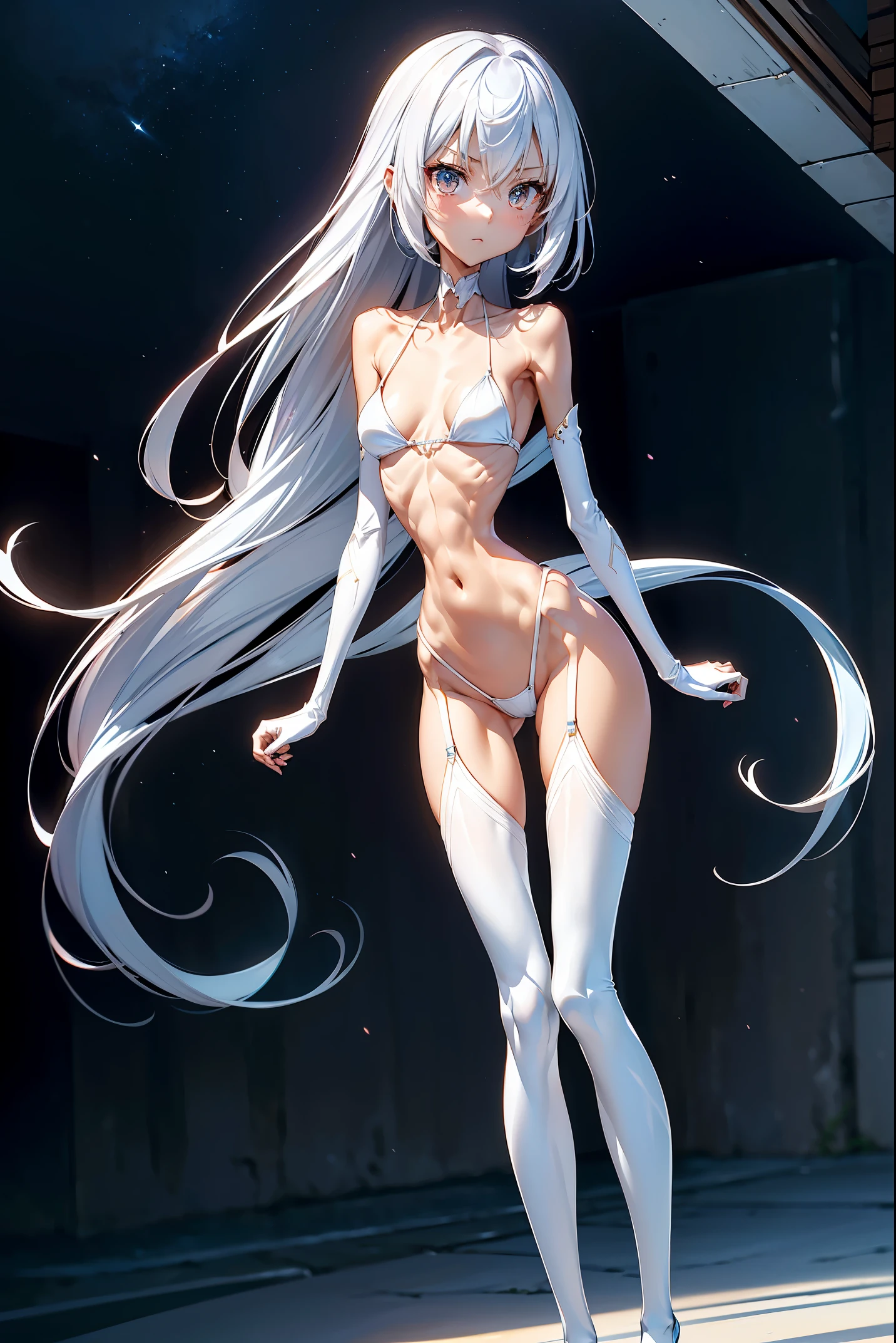 the Extremely Detailed CG Unity 8K Wallpapers,Evening glow,most beautiful artwork in the world,(best quality:1.2),(ultra-detailed:1.2),(hyper-realistic:1.1),(masterpiece:1.2), glowing skin,(Extremely thin and slender:1.3),(Extremely slender and thin legs:1.4),(extremely prominent ribs:1.2),(极其明显的髋骨:1.2),well-defined bones and contours,sharp focus,HighestQuali,hyper HD,very long hair,white kneesocks,kawaii,中近距离,(extremely skinny),bikini,(extremely slim:1.4)