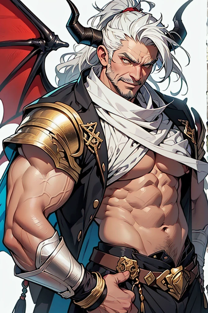 1boy, solo, cowboyshot, (2d illustration), (anime style), perfectly structured, ((old man)), 70 years old, (Muscular), (large build), rugged face, golden eyes, grin, white hair, messy hair, ponytail, facial hair, beard, goatee, mustache, highly detailed, vibrant colors, composite lighting, professional shading, (white background:1.5), (blank background:1.5), masculine shapes, manly, sharp and crisp image, high quality textures, natural proportions, (bat wings), (golden demon horns), ((ancient greek clothes)), fantastic fashion, gauntlets