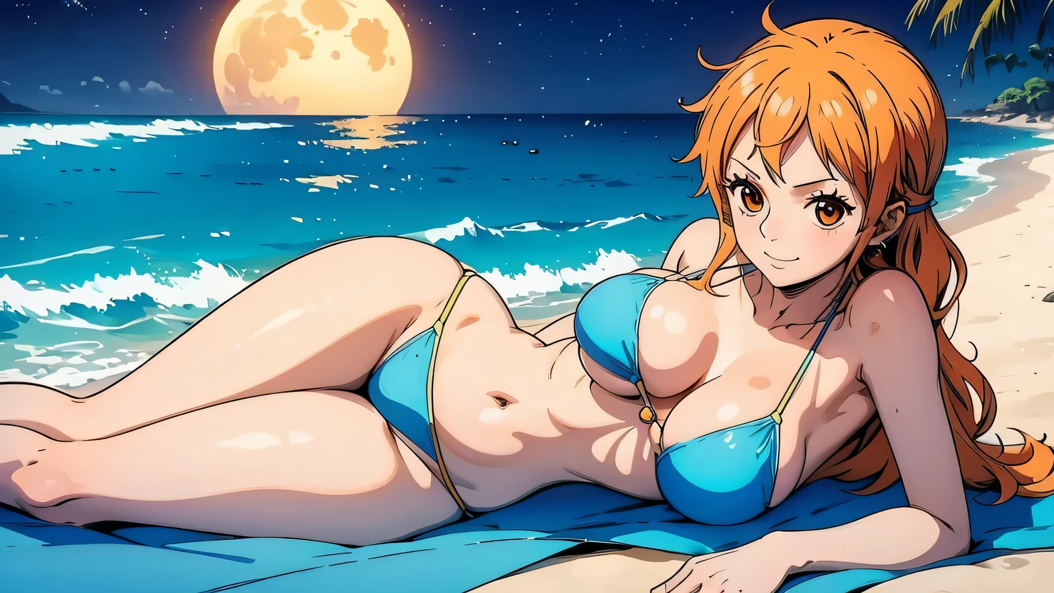 a alone Nami in a bikini lying on the beach in a sensual pose on the night of the full moon