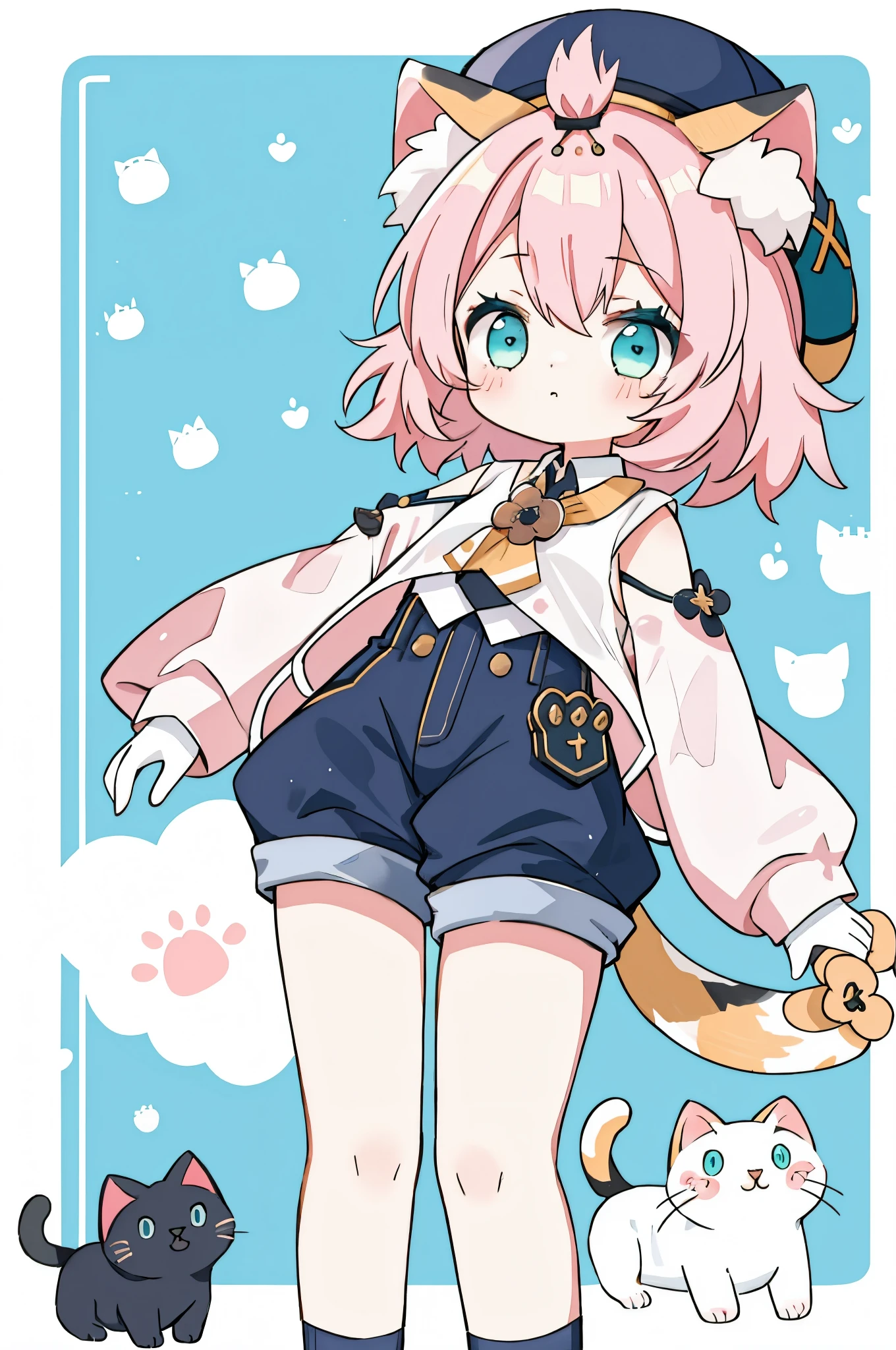 1 girl solo, pink hair, cat ears, cat tail, white shirt, teal eyes, black shorts, dark blue hat, cats and kittens, cute, kawaii