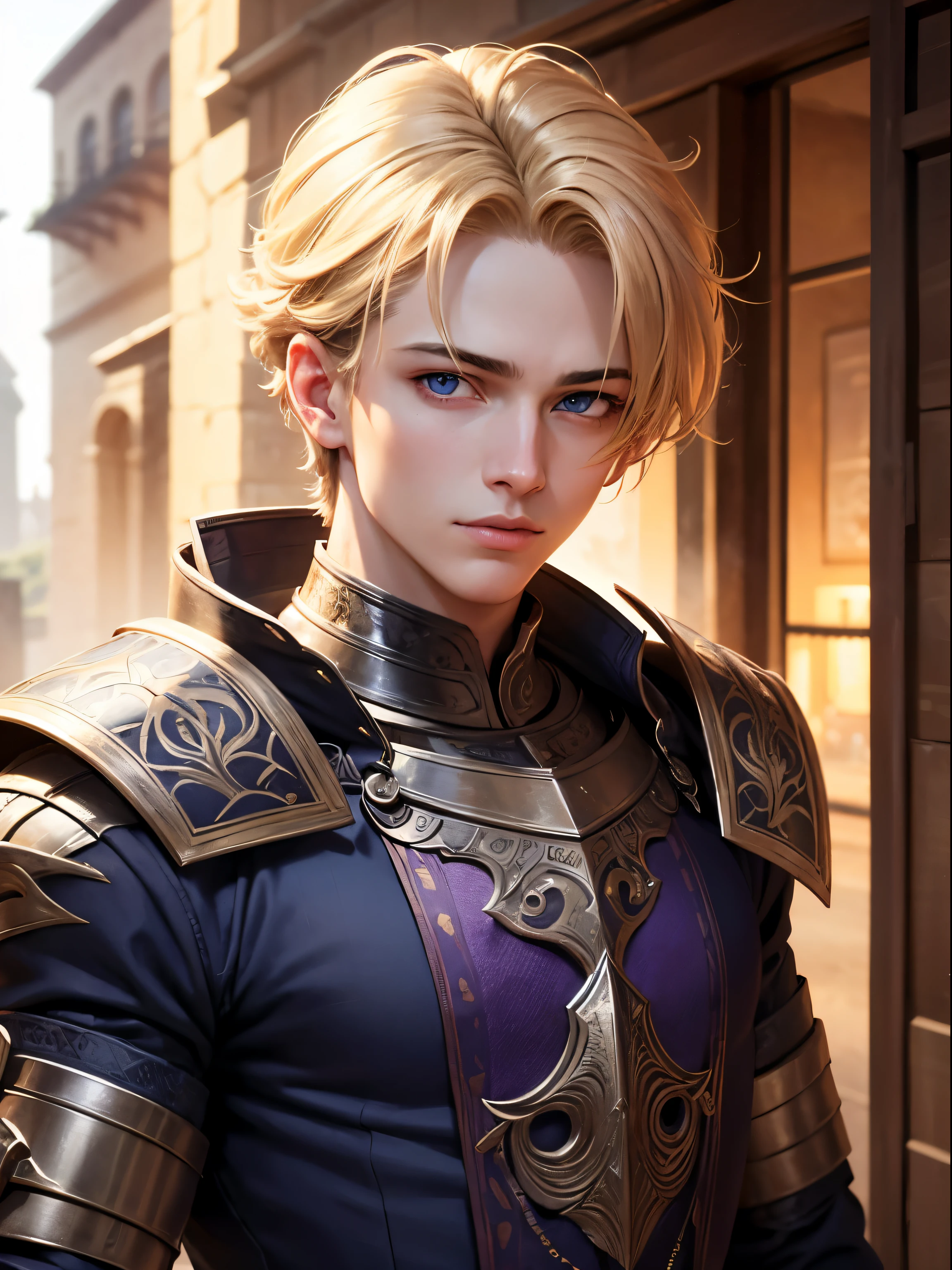 boy,handsome,19 years old, finely detailed eyes,blue eyes,skin light tone,blond hair, intricate details, portrait, looking at viewer, solo, (full body:0.6),intricate details,(best quality, masterpiece, colorful, highest detailed),8k ,detailed background, detailed face, dynamic pose,purple commander armor, high fantasy medieval setting, dark alleyway background,night