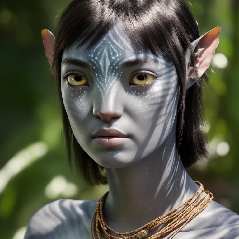 avtr:0.9, avatar style, portrait photo:1.6, 1girl:1, female, (asian, japanese), Rina Fukushi:1, gray skin color:1.0, (gray skin tone:1.3), (short hair:1.0), black hair color, (), teen wearing tribal clothing, wearing a top:1.3, wearing a loincloth, detailed eyes, toned body, muscled body, glowing, ethereal atmosphere, natural lighting, textured skin, otherworldly beauty, mesmerizing photography, (best quality, highres), vivid colors, ultrarealistic, skin details, striped skin, sfw, face close-up, (eyebrowless:1.0), ultradetailed body