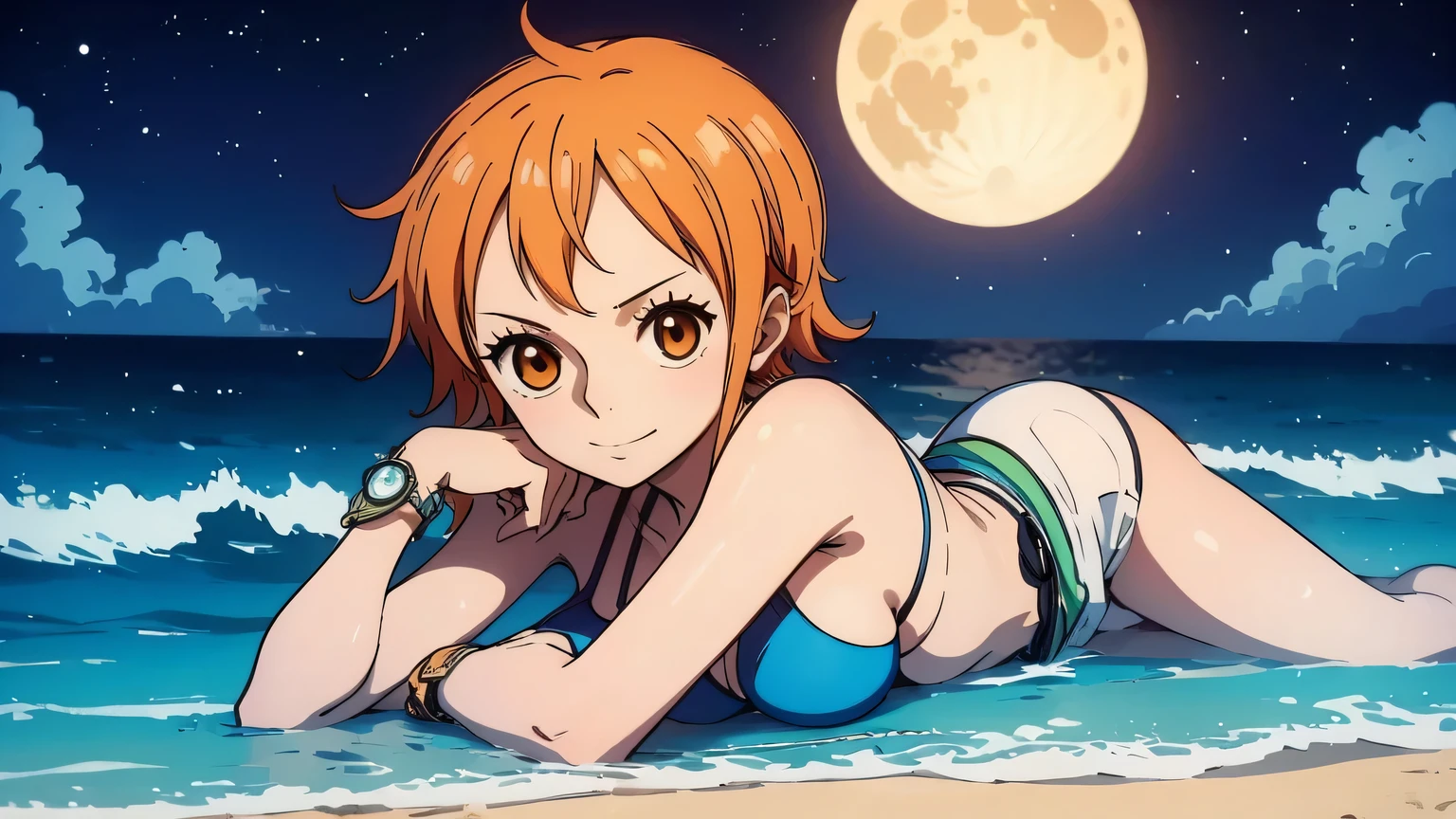 a single nami, one of a kind, deitado na praia em uma noite de lua cheia