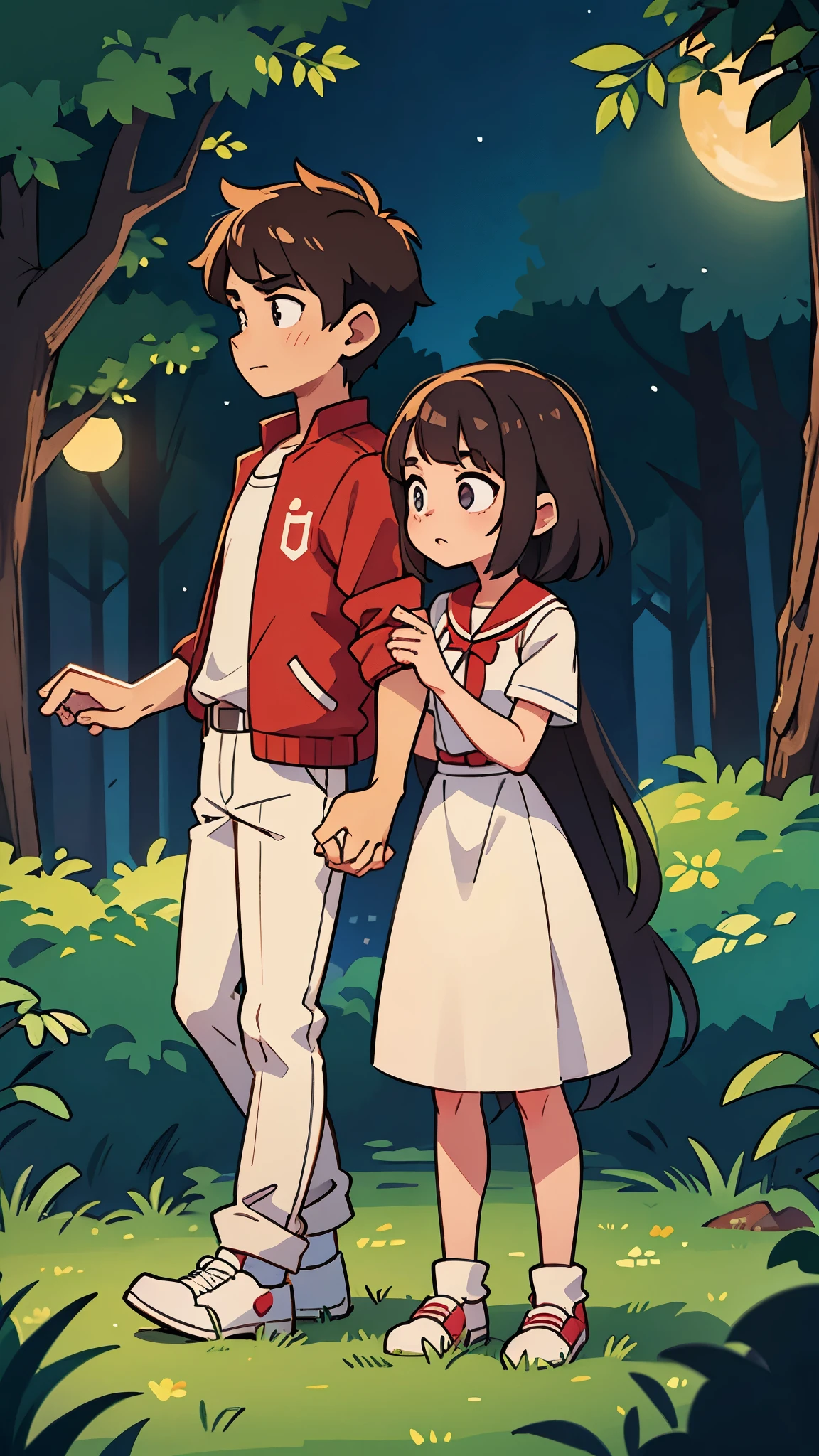 1 brunette haired female , 1 brunette haired male, white clothes, night time , forest, holding hands 