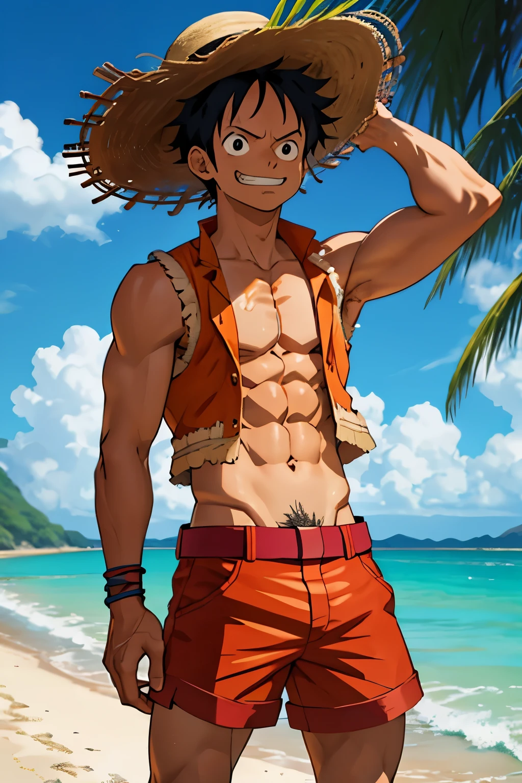 Luffy from the popular anime series One Piece, clad in his signature straw hat, a red vest, and blue shorts, stands confidently on a sandy beach. The vibrant colors of the tropical surroundings perfectly complement the bright orange hue of his stretchy limbs. The clear blue sky serves as a picturesque backdrop, with the sun casting a warm glow on the scene. Luffy's wide grin and determined expression reflect his adventurous spirit as he gazes out towards the vast ocean, ready to embark on his next thrilling escapade. This high-resolution image captures every detail of Luffy's dynamic pose, showcasing the intricate lines and shading that bring this beloved character to life. Whether you're a die-hard fan or simply appreciate stunning artwork, this cinematic still of L