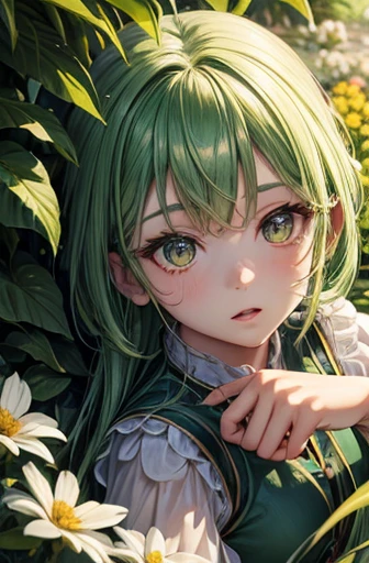 small anime girl sitting in a beautiful garden, green hair, amber eyes, green revealing dress, nature, flowers, highly detailed, realistic lighting, detailed face detailed hands, focused on face