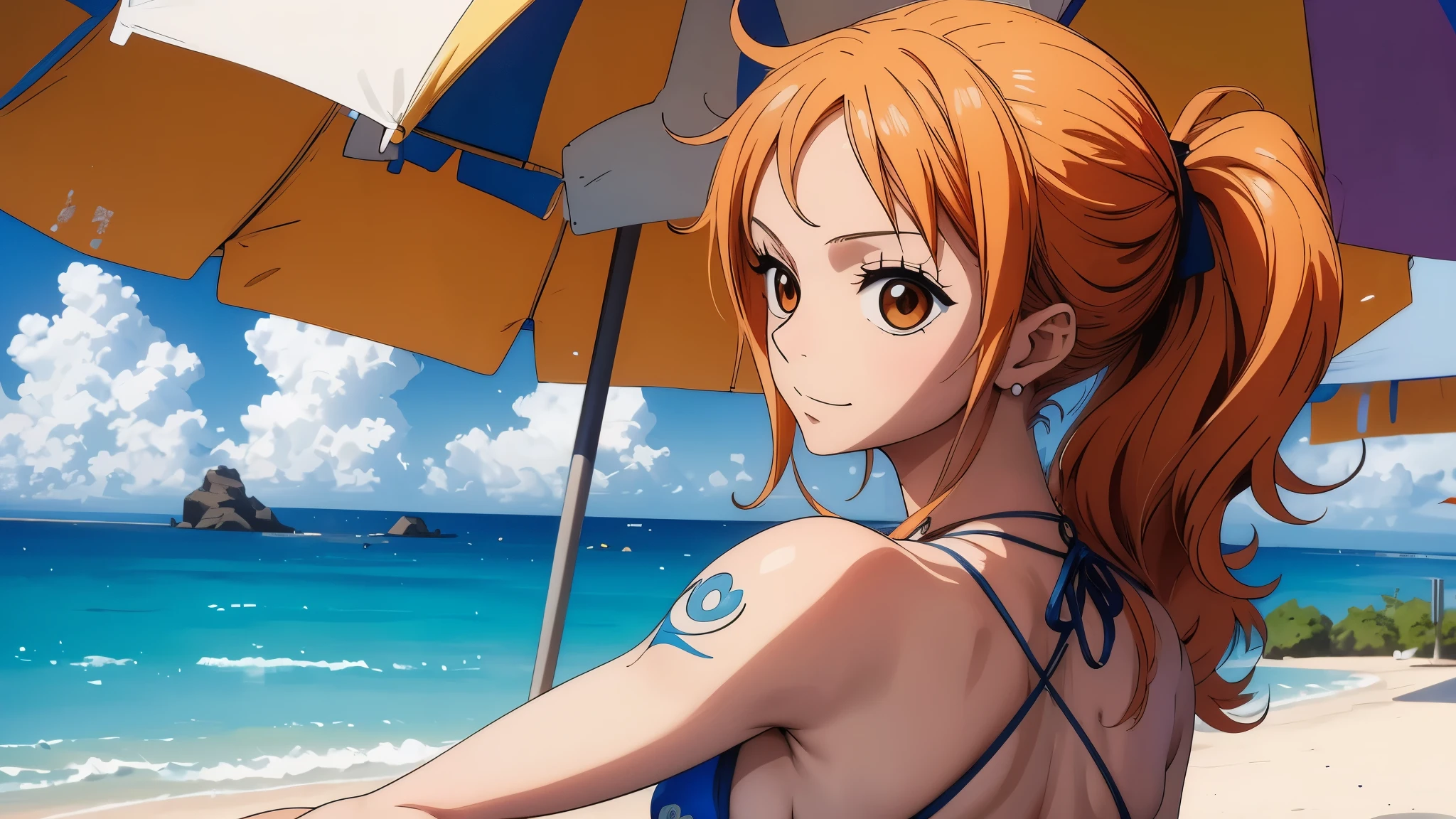 a single nami, one of a kind, sitting on the beach , wears a bikini and red miniskirt, olhos perfeitos , pernas perfeitas , coxa linda , cabelos rabo de cavalo laranjado , decote , peitos , segurando os peitos , lidas pernas , pernas perfeitas , paisagem bonita , uma obra-prima , arte de anime digital detalhada , Muito detalhes Artgerm haha, deviantart artstation cgsscosiety , fanart melhor artstation, Artgerm. alto detalhamento, peitos grandes, 8k , hdr.