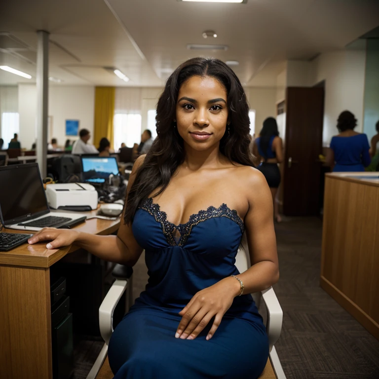 A Brazilian mulatto is a person with rich ethnic heritage, often exhibiting a combination of African and European ancestry, with a range of skin tones and a vibrant culture that celebrates Brazil's racial and ethnic diversity, Dressed in a black dress. royal blue evening. sitting behind a desk like a president and her hands are clasped.