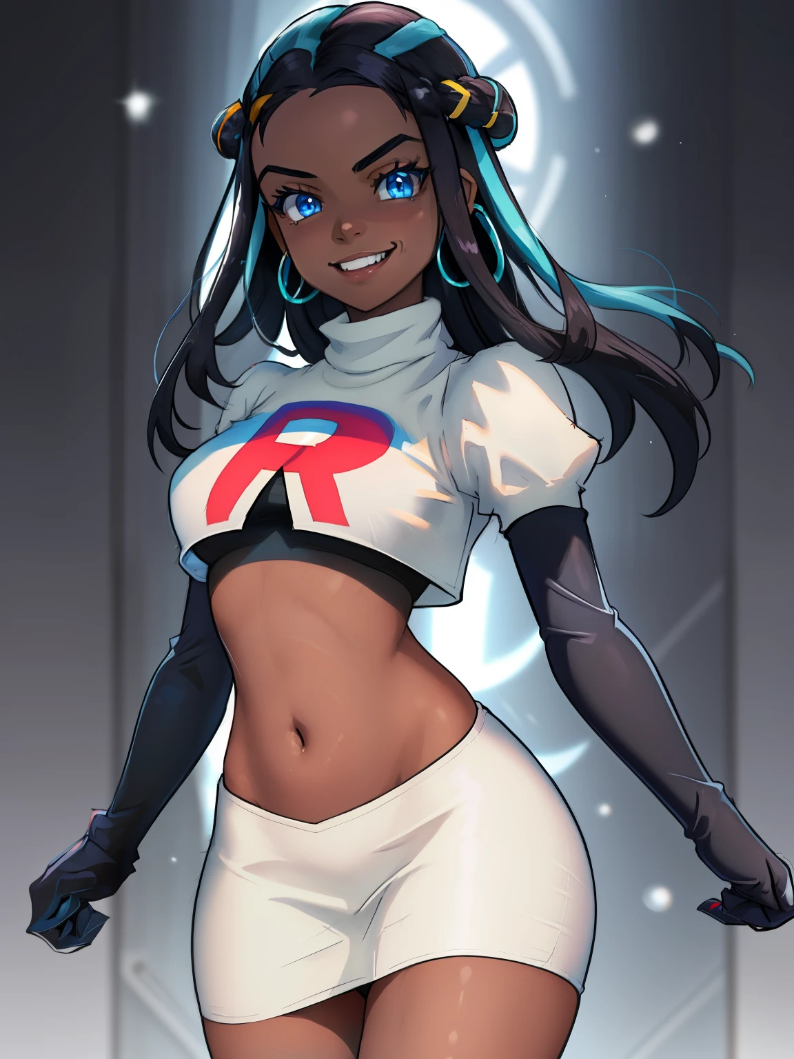 Nessa_Pokemon, 1girl, solo, dark skin, blue eyes, black hair, blue hair, two-tone hair, glossy lips, earings ,team rocket uniform, red letter R, white skirt,white crop top,black thigh-high boots, black elbow gloves, evil smile, looking at viewer, cowboy shot,