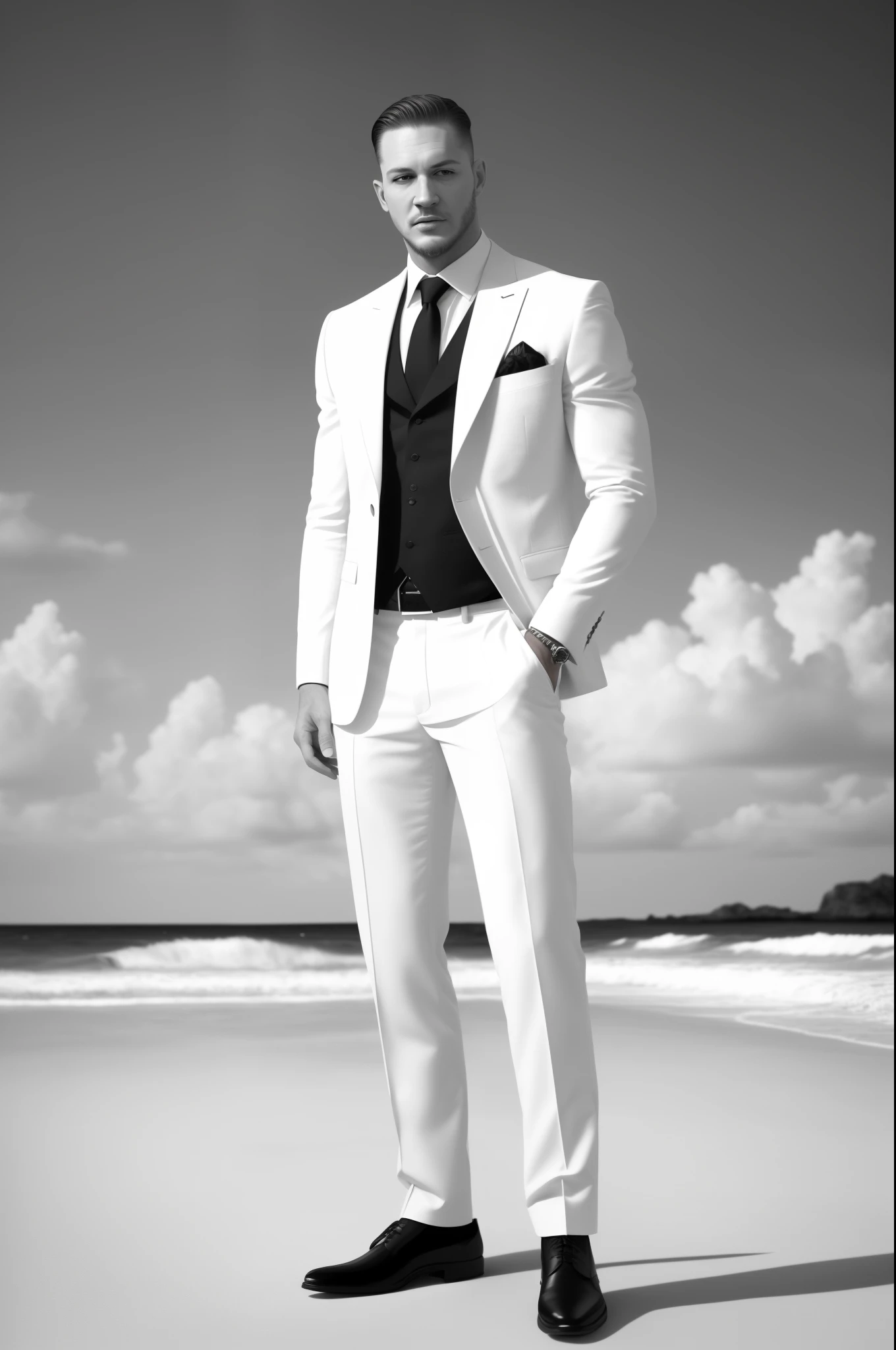 A young, charismatic businessman stands confidently on the sandy beach, dressed in luxurious white clothes. With a focused expression on his face, he delicately paints a portrait on a canvas, showcasing his artistic talents. His features resemble that of the renowned actor, Tom Hardy, adding a touch of familiarity and intrigue to the scene. The photograph captures every intricate detail with super realistic precision, making it appear as though it's in ultra HD quality. The monochrome palette enhances the dramatic effect, transforming it into a timeless black and white still. This digital art piece has garnered attention and admiration, trending on ArtStation for its beautiful and intricate details. The octane render used brings an insane level of detail to the artwork, captivating viewers with its 8k artistic