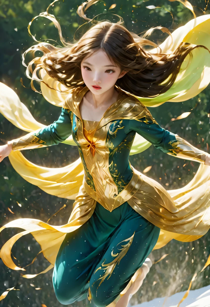 masterpiece, best quality, actual, (1 girl: 1.3), blue gold white clothes, Long hair with a shawl, jump, leap, dance, green gold white clothes, long skirt, long scarf, flowing, Light Armor, snow white skin, bare shoulders, whole body, (from below:1.5), martial arts, dynamics, flame, particle
