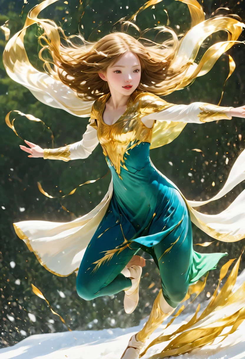 masterpiece, best quality, actual, (1 girl: 1.3), blue gold white clothes, Long hair with a shawl, jump, leap, dance, green gold white clothes, long skirt, long scarf, flowing, Light Armor, snow white skin, bare shoulders, whole body, (from below:1.5), martial arts, dynamics, flame, particle