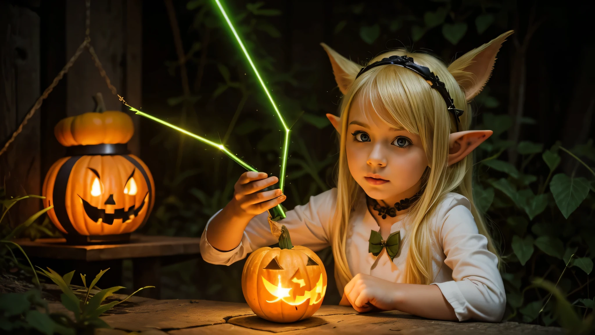 Cute portrait of a blonde elf child holding a jack-o&#39;-lanterna verde, LASER VERDE.