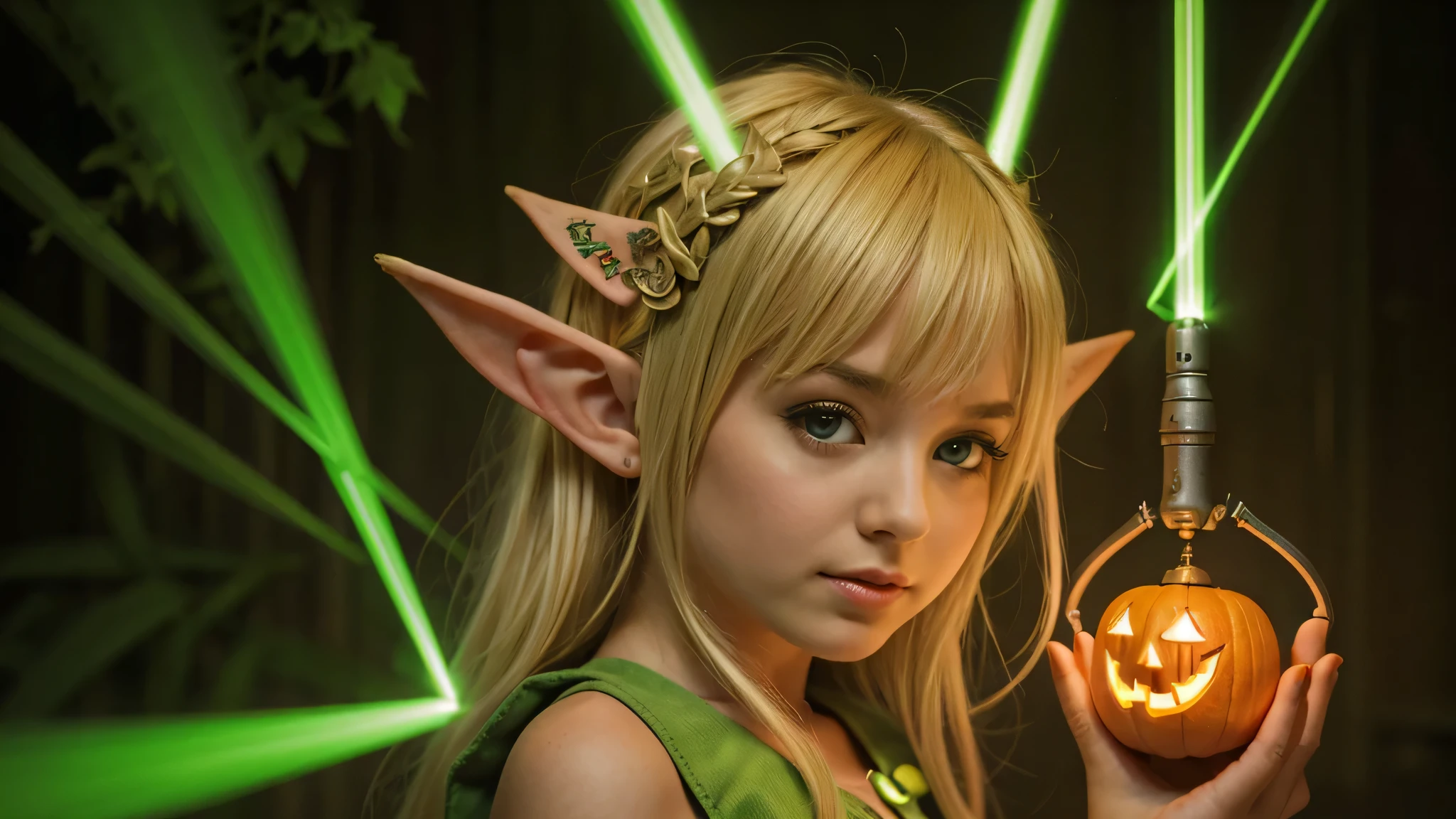 Cute portrait of a blonde elf child holding a jack-o'-lanterna verde, LASER VERDE.
