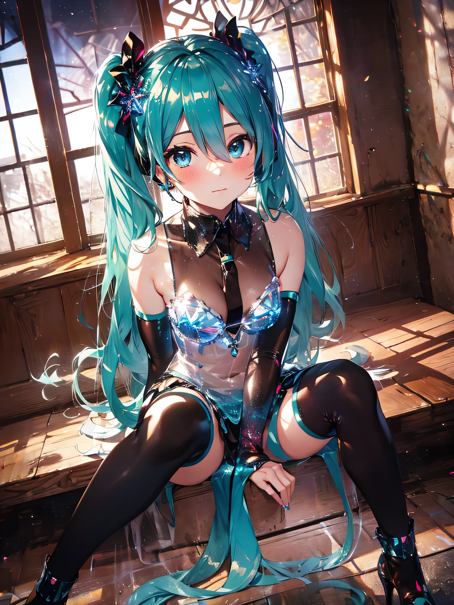 最high quality,table top,1 girl,(((hatsune miku))), Bright green eyes like jewels,green hair、double ponytail,, magical  girl, Princess, adventurous girl, Are you okay, Condescending expressions、nymphomaniac, high heel boots, gloves, zettai ryouiki, earrings, natural otaku, crown, moonlight,under the moon,At night,full body shot、masterpiece, high quality, High resolution, alone、(masterpiece:1.6、最high quality), (Are you okay and beautiful eyes:1.2), 1 girl, room、perfect hands、blush、troubled face、crossed legs,look up(masterpiece:1.6、最high quality), (Are you okay and beautiful eyes:1.2), 1 girl, Report, underwear、black skirt、perfect hands,((Peeking out from directly below))、(((shoot from below)))、turn your arms behind your back、sit on a chair、be quiet, From above,（(spread your legs wide)） Both thighs are thick, shaggy,