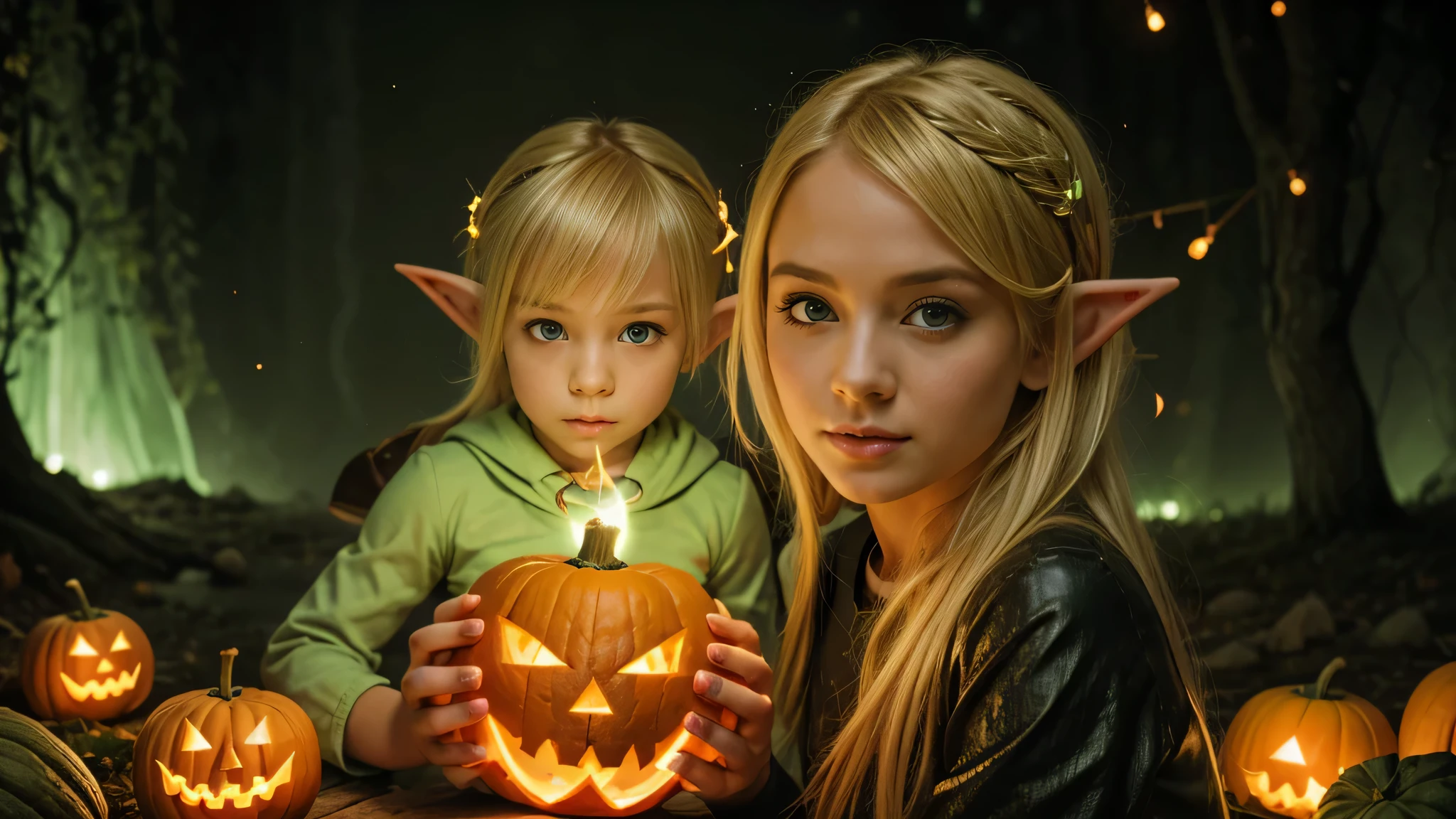 Cute portrait of a blonde elf child holding a jack-o&#39;-lanterna verde, LASER VERDE.