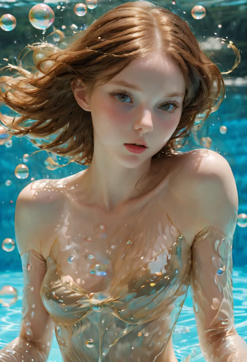 masterpiece, best quality, movie photos, digital art illustration, Beautiful 22 year old Miss, pale skin, German, Miss&#39;Body, dark ginger hair, very Bigger breasts, Bright Eyes, disciple, (((( Ultra-thin transparent fabric)))), (((Air bubbles on bare chest))), no crops, (Pool background), Dark illustration style, (8k, normal elements, lifelike. , sharp focus), complex background, normal, rule of thirds, backlight, SLR camera, film grain, intricate details, Cup size g