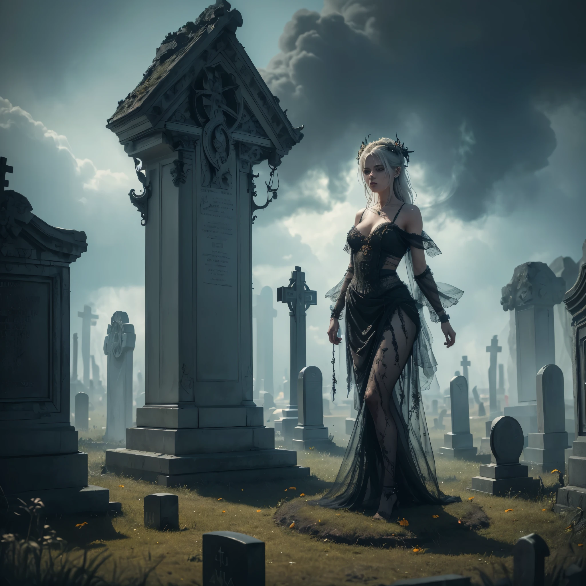 (best quality,4k,8k,highres,masterpiece:1.2),ultra-detailed, Finnish Goddess Kalma, zombie woman, legs made of smoke, legs surrounded by smoke, floating on smoke. in a cemetery surrounded by graves, HDR, 8k, absurdres, cinestill 800, sharp focus, add_detail:2 (1woman, solo)