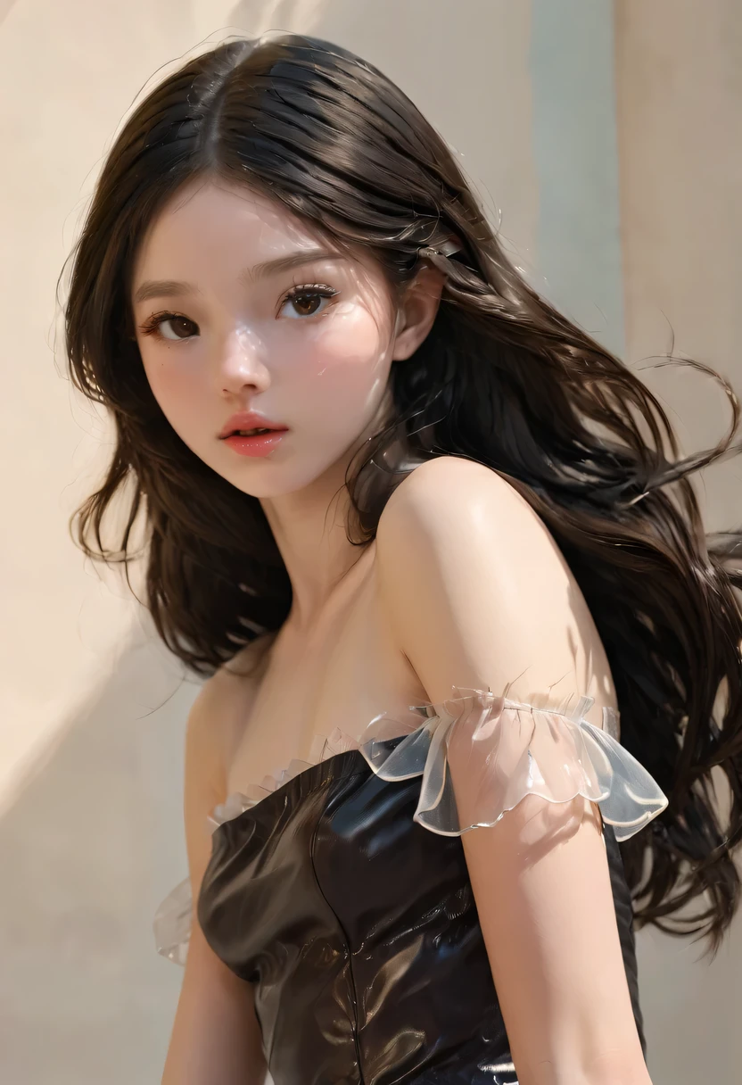 photoactual, lip gloss, actual, best quality, ultra high resolution, depth, pastel colors, natural shadow, focus on face, just faces, looking at the audience, long hair, black hair, brown and delicate eyes, black skirt, Gloves, anatomically correct