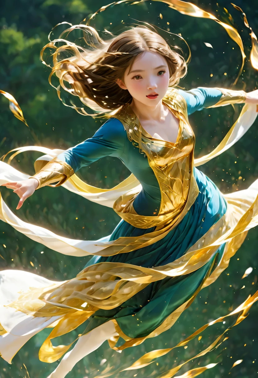 masterpiece, best quality, actual, (1 girl: 1.3), blue gold white clothes, Long hair with a shawl, jump, leap, dance, green gold white clothes, long skirt, long scarf, flowing, Light Armor, snow white skin, bare shoulders, whole body, (from below:1.5), martial arts, dynamics, flame, particle