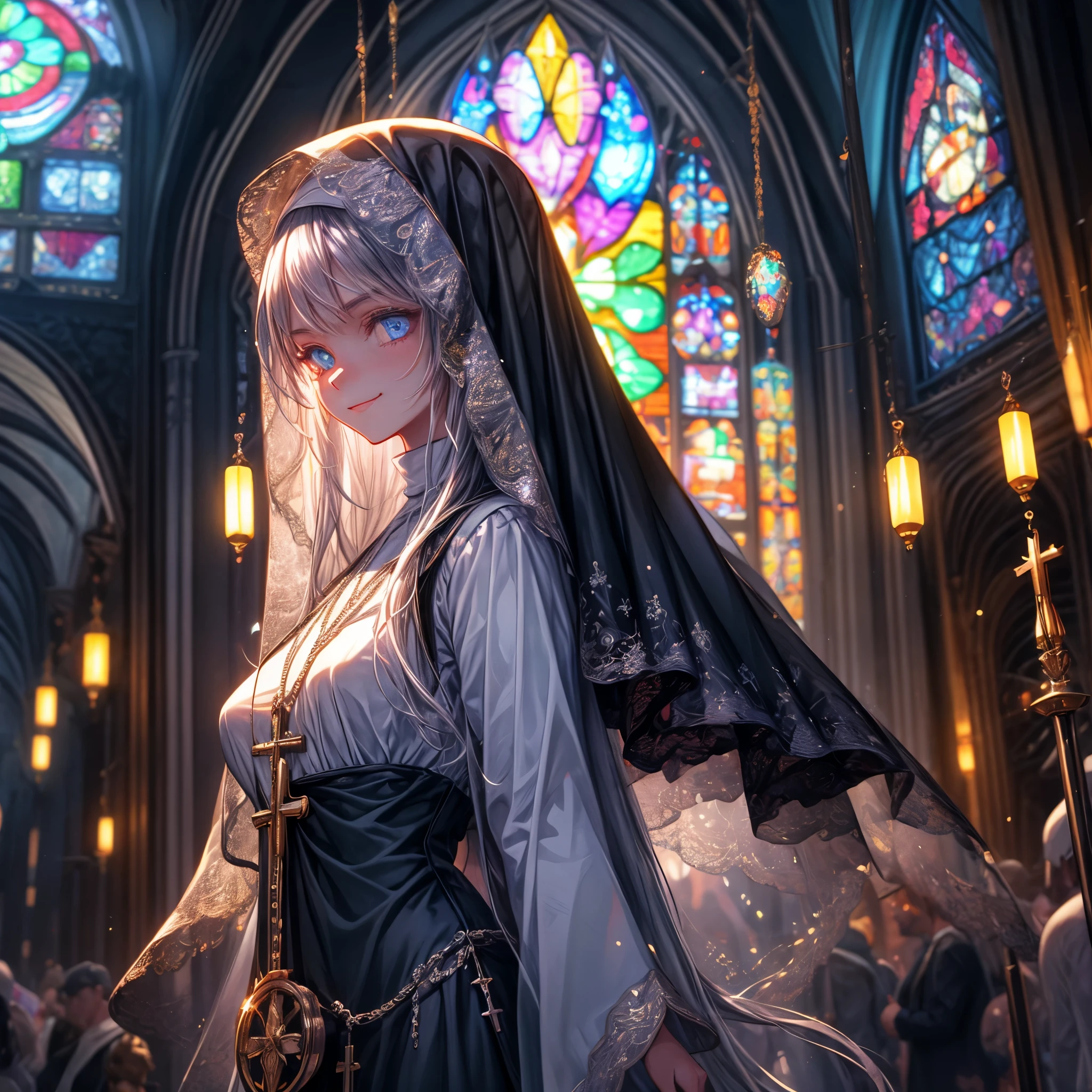 masterpiece, absurdres, best quality, ultra quality, unreal engine render, realistic shading, high resolution, rule of third, detailed face, detailed eyes, blue eyes, arms behind back, solo, nun, church stained glass, long hair, saggy breasts, silver hair, silver thin eyebrows, smile BREAK shanaschred, detailed iris, Glitter, glow light