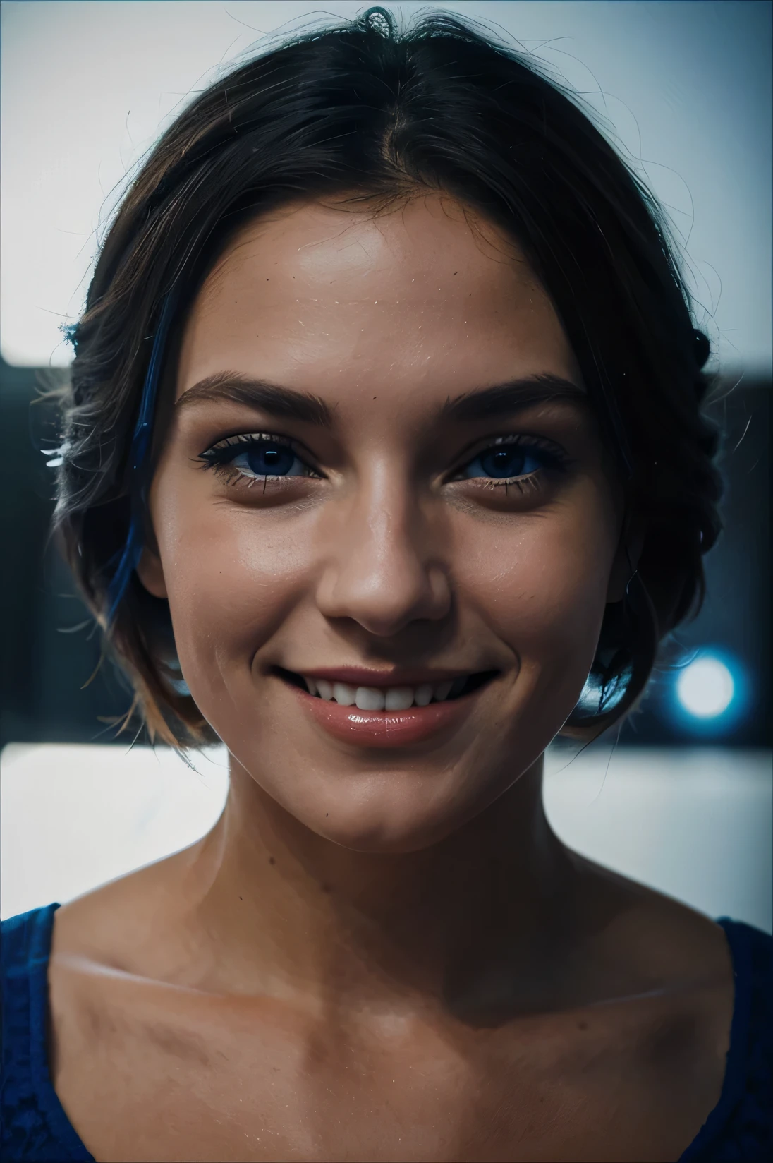 Beautiful woman, big smile, blaue Augen, langes Haar, , hyperdetaillierte Fotografie, Sanftes Licht, Head and Shoulders Portrait,