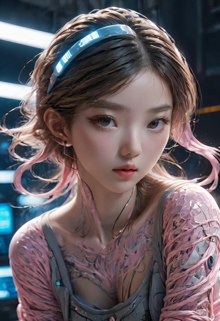 Masterpiece, 1 beautiful girl, exquisite eyes, swollen eyes, top quality, 超high resolution, (Reality: 1.4), Light, Japanese, An Asian beauty, very very beautiful, charming、beautiful skin, The slender one, lean over, (超Reality的), (high resolution), (8k), (Very detailed), ( Best Illustration), (美丽exquisite eyes), (super detailed), Detailed faces, 明亮的Light, professional Lighting、In the background is a cyberpunk room,There are many monitors...........、The rope is fixed from the clothes、Long hair color pink、Wear headphones on your head、small tattoo on face、north african trade zone、Gaze at the viewer