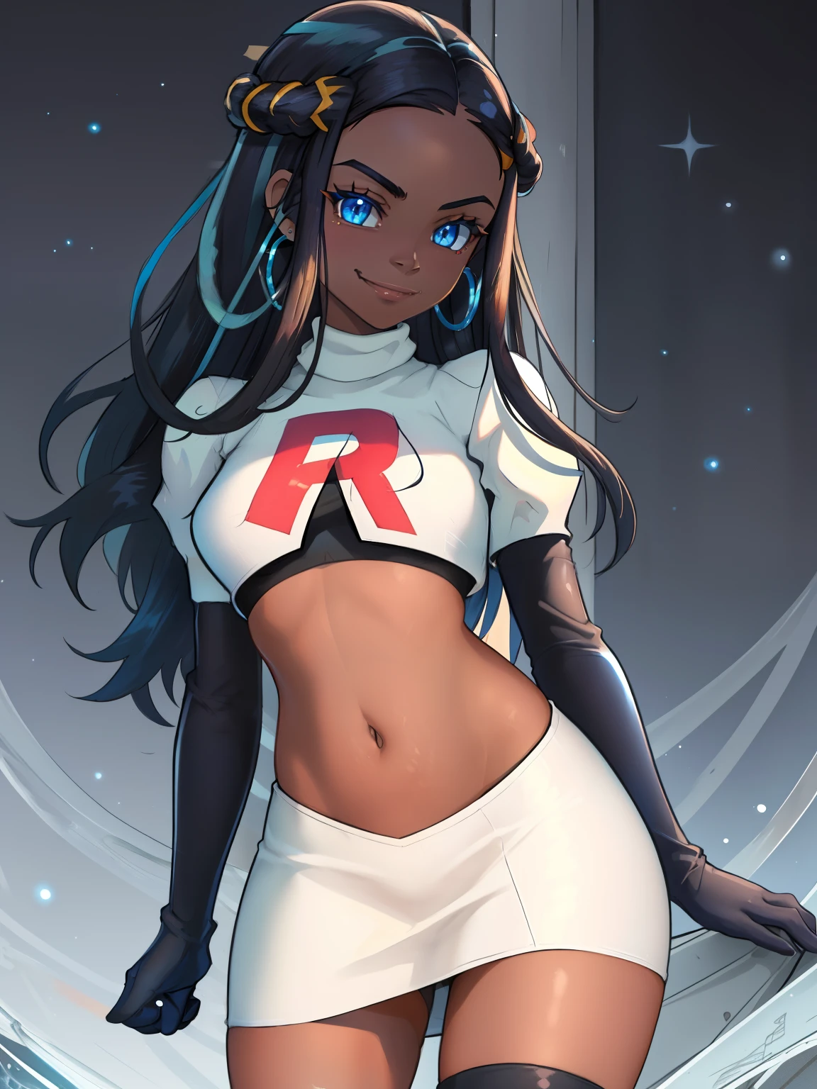 Nessa_Pokemon, 1girl, solo, dark skin, blue eyes, black hair, blue hair, two-tone hair, glossy lips, earings ,team rocket uniform, red letter R, white skirt,white crop top,black thigh-high boots, black elbow gloves, closed mouth, evil smile, looking at viewer, cowboy shot,