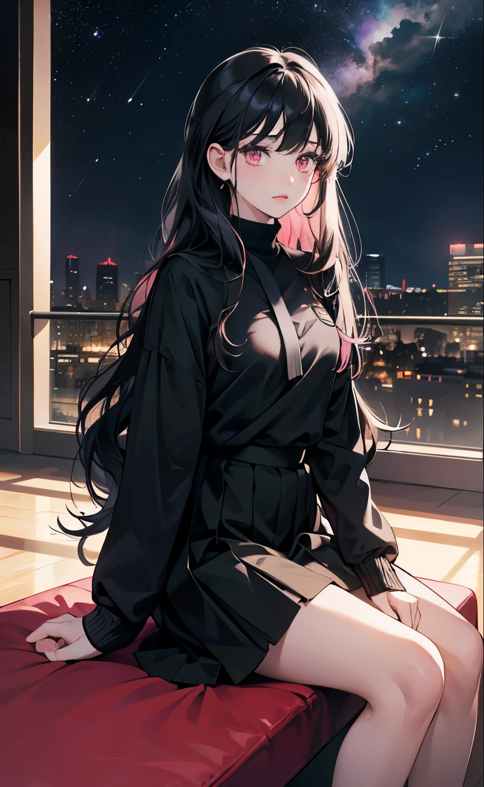 (8k, best quality, masterpiece),girl,Bangs,black tie,long black hair,wavy_hairs,Black Sweater,skirt,pink eyes,Corner,Sky,sitting,looking at the audience,Future world loneliness