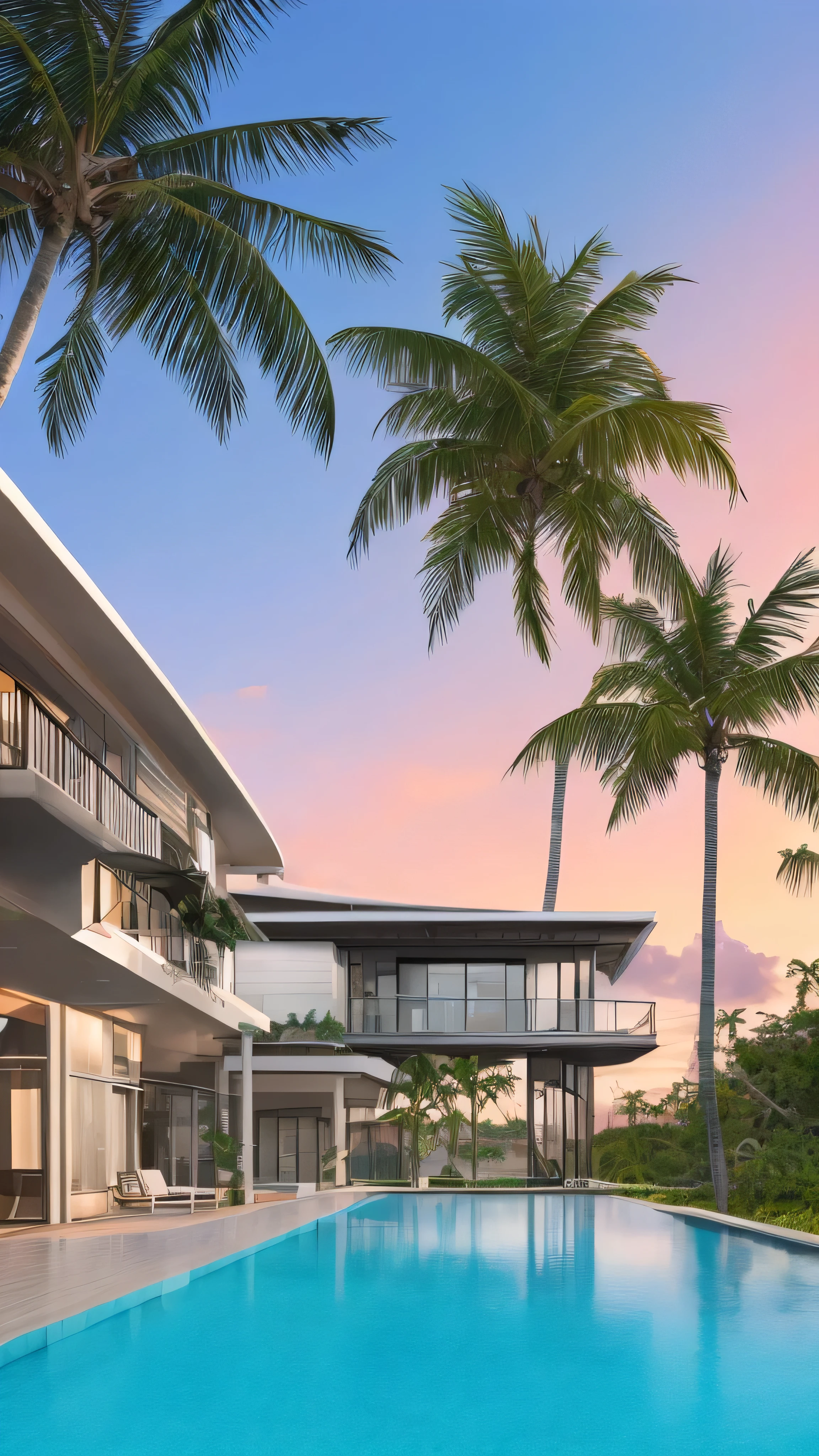 A tropical beachside modern resort, architecture, straight lines, clear angles, stunning sunset vista landscape photography, anime, masterpiece, 4k, 8k, hd, [artstation:1], concept art, highly detailed, sharp focus