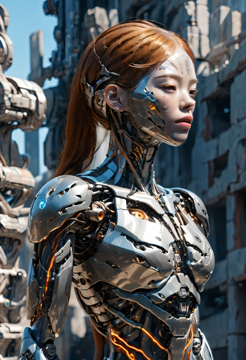 original photography, super detailed, girl, Cybernetics neck, (cyborg: 1.5), A ruined city block in the background, Vibrant details, Luxury Cyberpunk, Surrealism, anatomically co, elegant, 8k, best quality, masterpiece, Very detailed, (actual, lifelike: 1.37),