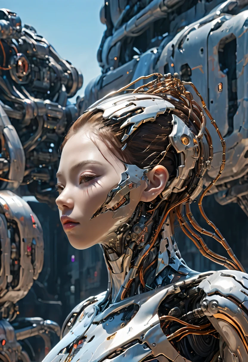 original photography, super detailed, girl, Cybernetics neck, (cyborg: 1.5), A ruined city block in the background, Vibrant details, Luxury Cyberpunk, Surrealism, anatomically co, elegant, 8k, best quality, masterpiece, Very detailed, (actual, lifelike: 1.37),