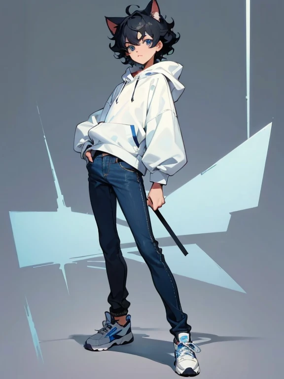 1 boy, juvenile,About 10 years old,handsome boy, black hair, curly hair,blue eyes,face is in front,whole body,he is wearing a white hoodie,The lower body is wearing black skinny jeans,For shoes, I'm wearing high-cut sneakers,Standing picture,downturned cat ears