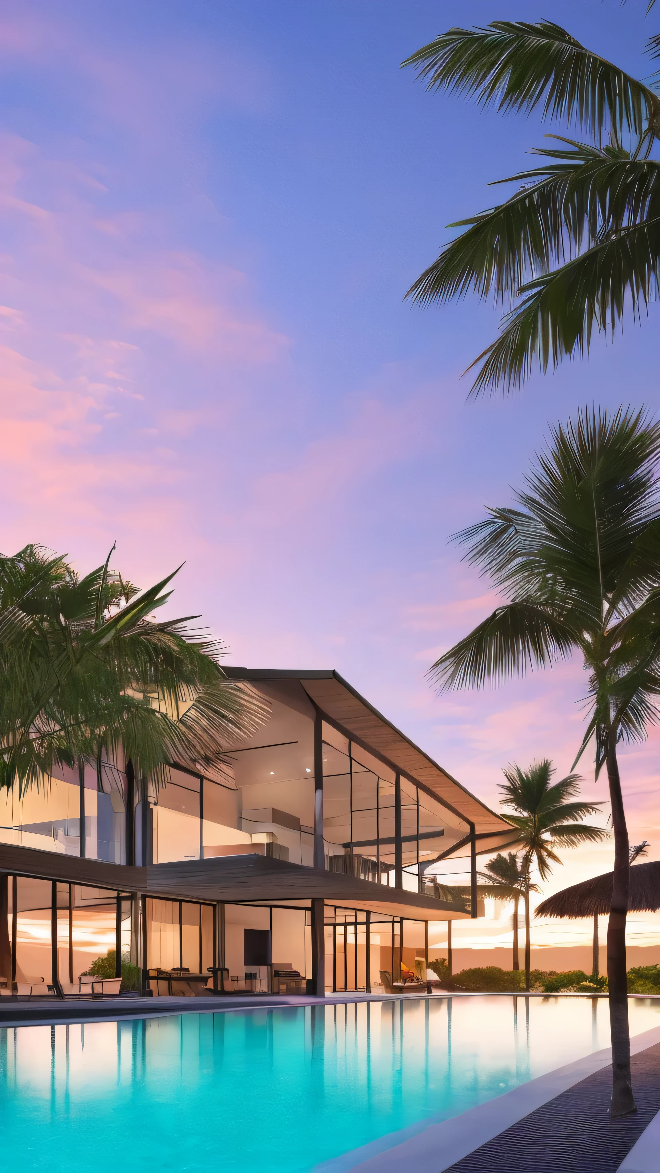A tropical beachside modern resort, architecture, straight lines, clear angles, stunning sunset vista landscape photography, anime, masterpiece, 4k, 8k, hd, [artstation:1], concept art, highly detailed, sharp focus