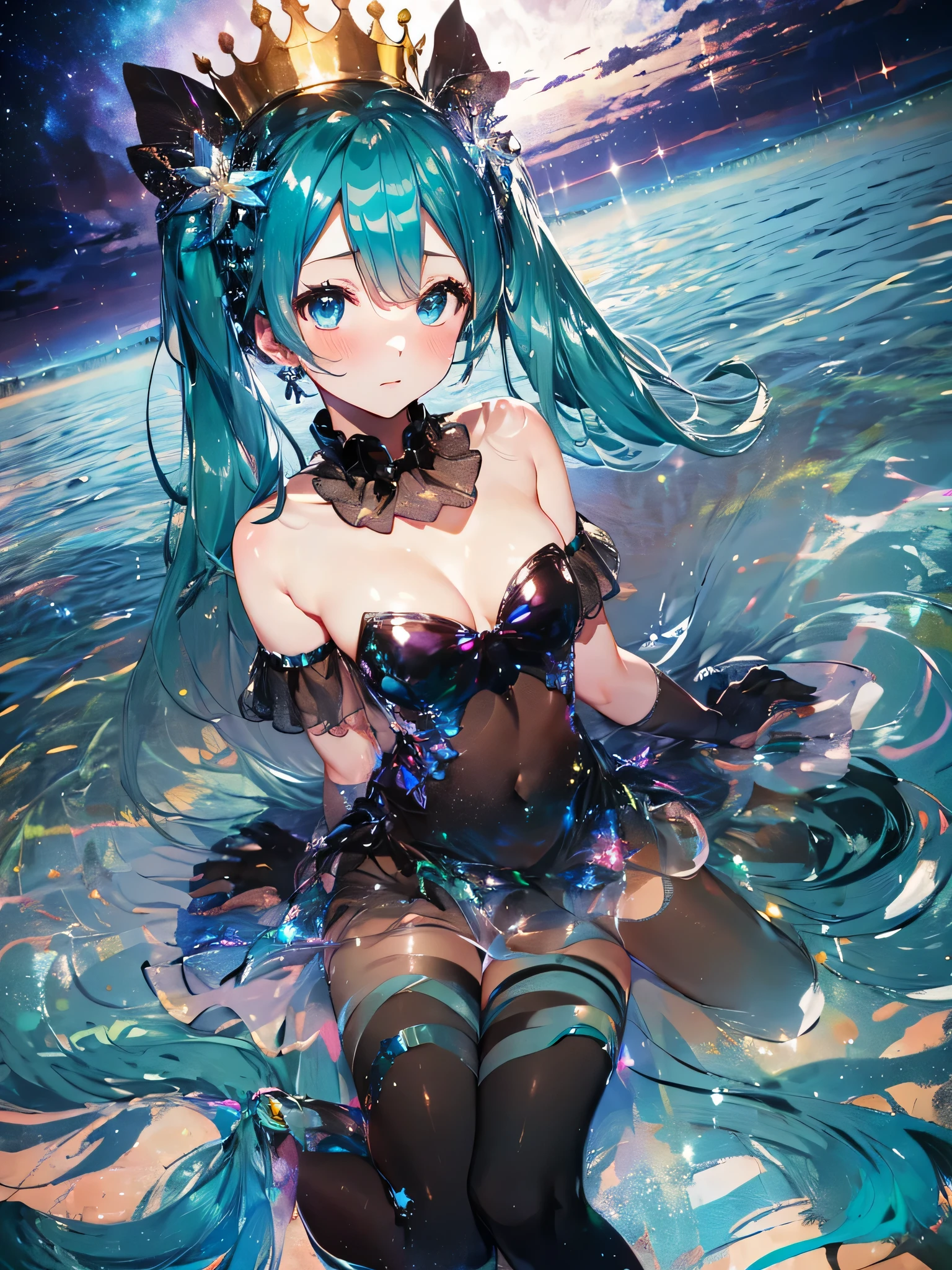 最high quality,table top,1 girl,(((hatsune miku))), Bright green eyes like jewels,green hair、double ponytail,, magical , Princess, adventurous girl, Are you okay, Condescending expressions、nymphomaniac, high heel boots, gloves, zettai ryouiki, earrings, natural otaku, crown, moonlight,under the moon,At night,full body shot、masterpiece, high quality, High resolution, alone、(masterpiece:1.6、最high quality), (Are you okay and beautiful eyes:1.2), 1 girl, Ocean、sandy beach、tropical beach、swimsuit、perfect hands、blush、troubled face、crossed legs,look up(masterpiece:1.6、最high quality), (Are you okay and beautiful eyes:1.2), 1 girl, Report, underwear、black skirt、perfect hands,((Peeking out from directly below))、(((shoot from below)))、turn your arms behind your back、be quiet, From above,((spread your legs wide)) Both thighs are thick, shaggy,