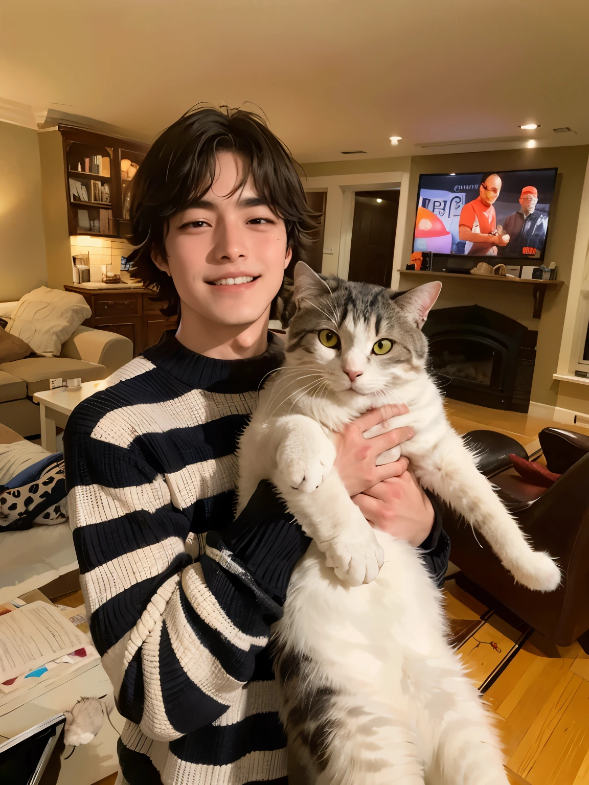 arafed boy sosteniendo un gato in a living room with a television in the background, sosteniendo un gato, with a small cat on his lap, tommy 1 6 years, Boy with cat ears and tail, she is sosteniendo un gato in her arms, mejillas grandes sosteniendo a su gato, taken in the early 2020s, he is about 20 years old