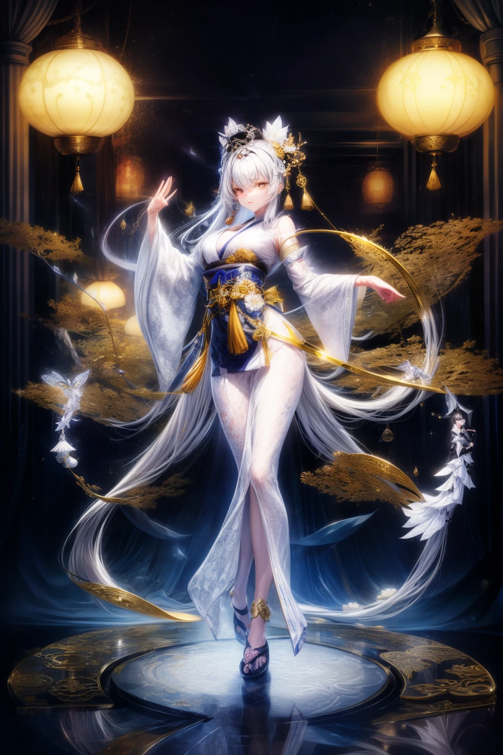 Photos of Japanese women in their 20s，Made of white and silver clear glass and plastic, geisha makeup, black hairstyle, Silver and gold metallic interior, dynamic poses, flowing organic structure, Meticulous carving, Lace design, Glowing golden circuit, 七彩neon decoration, Meticulous carving, Lace design, light emitting circuit, neon decoration, H&#39;artistically.r. jiger, Greg Rutowski